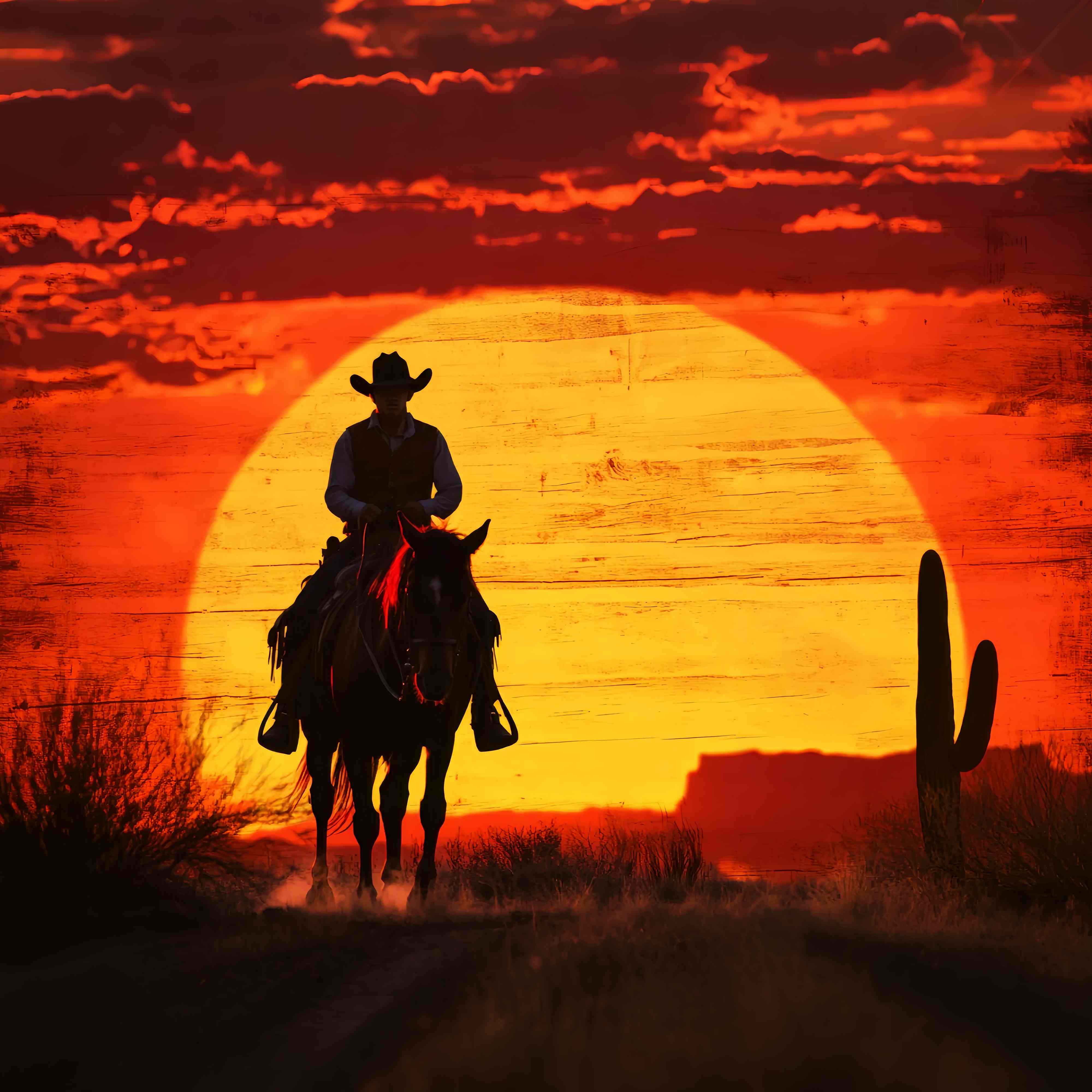 Herbst-Foto Hintergrund Cowboy Silhouette Feuriger Sonnenuntergang Cowboy-Foto Hintergrund LXX58-186