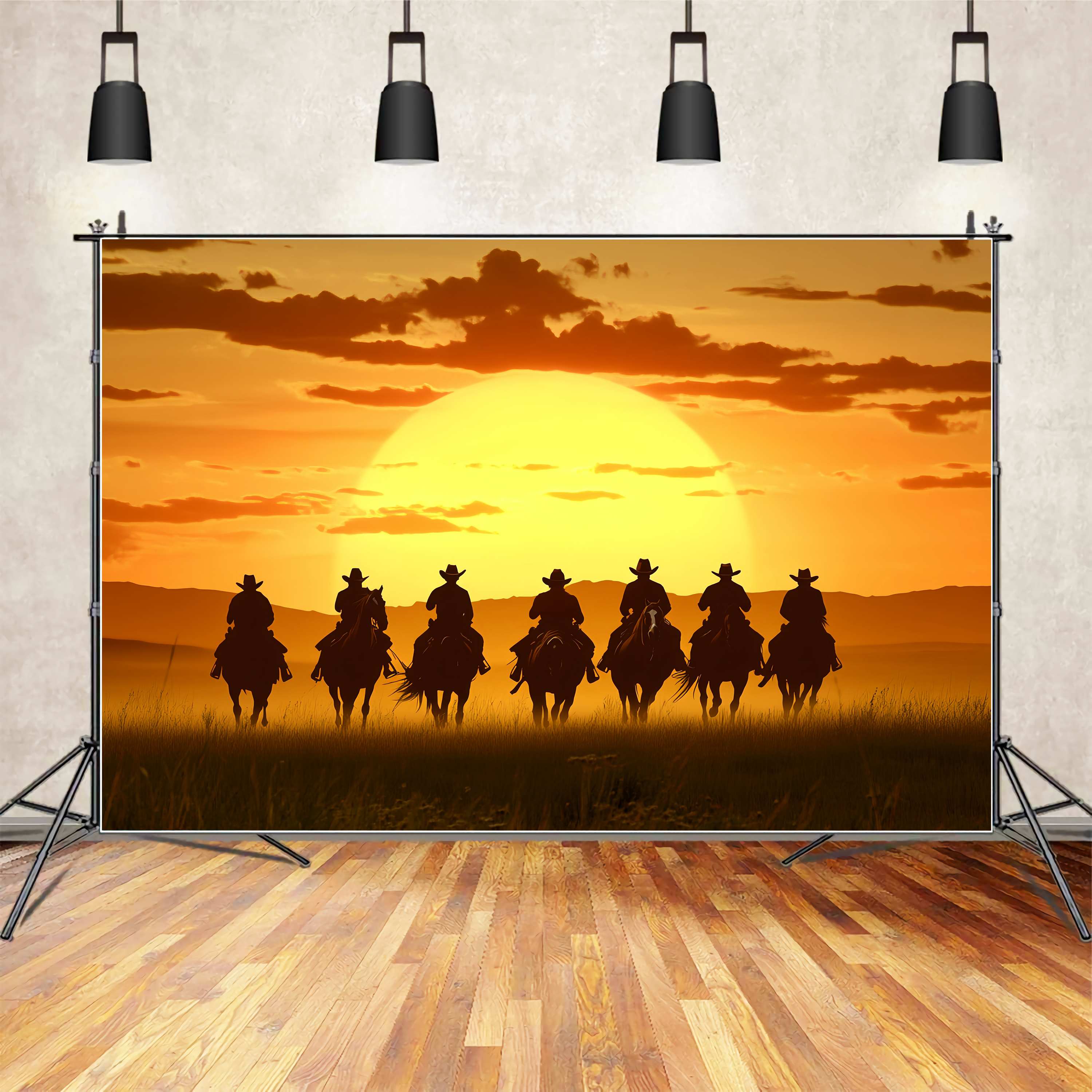 Herbstkulisse Reiter Silhouetten Goldener Horizont Cowboy Kulisse LXX58-187