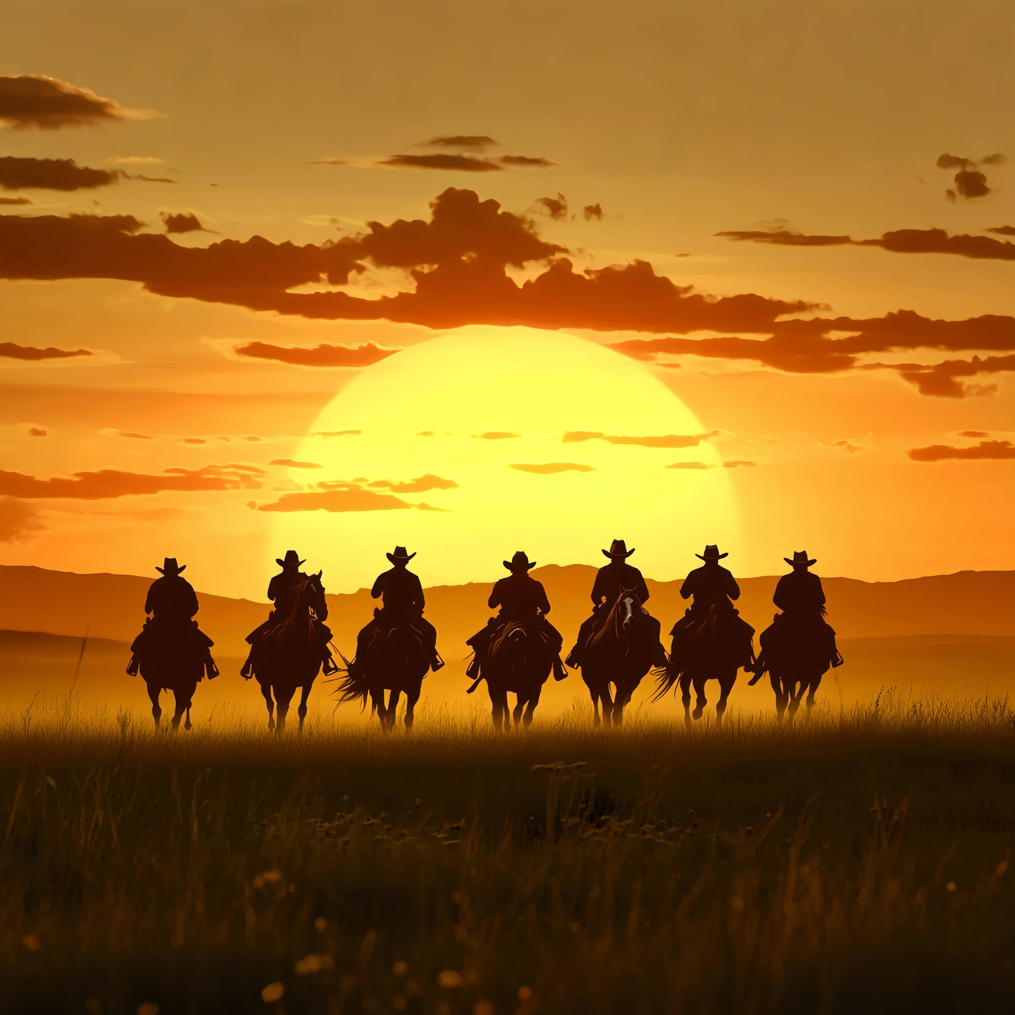 Herbstkulisse Reiter Silhouetten Goldener Horizont Cowboy Kulisse LXX58-187