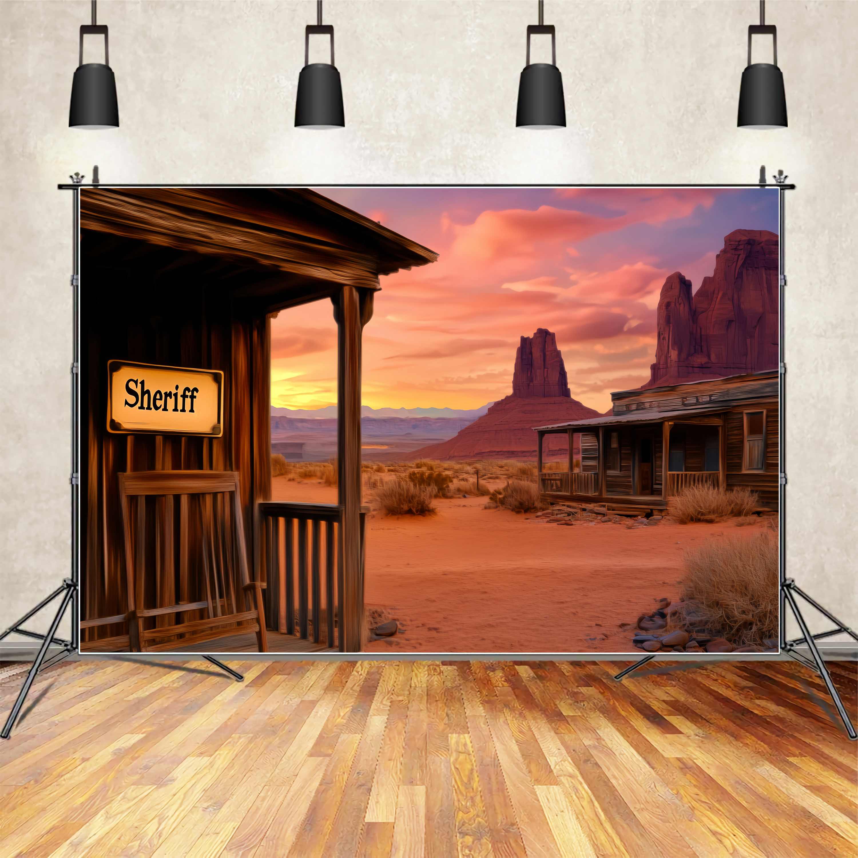 Herbst-Foto Hintergrundideen Sheriff Veranda Wüste Sonnenuntergang Western-Foto Hintergrund LXX58-188