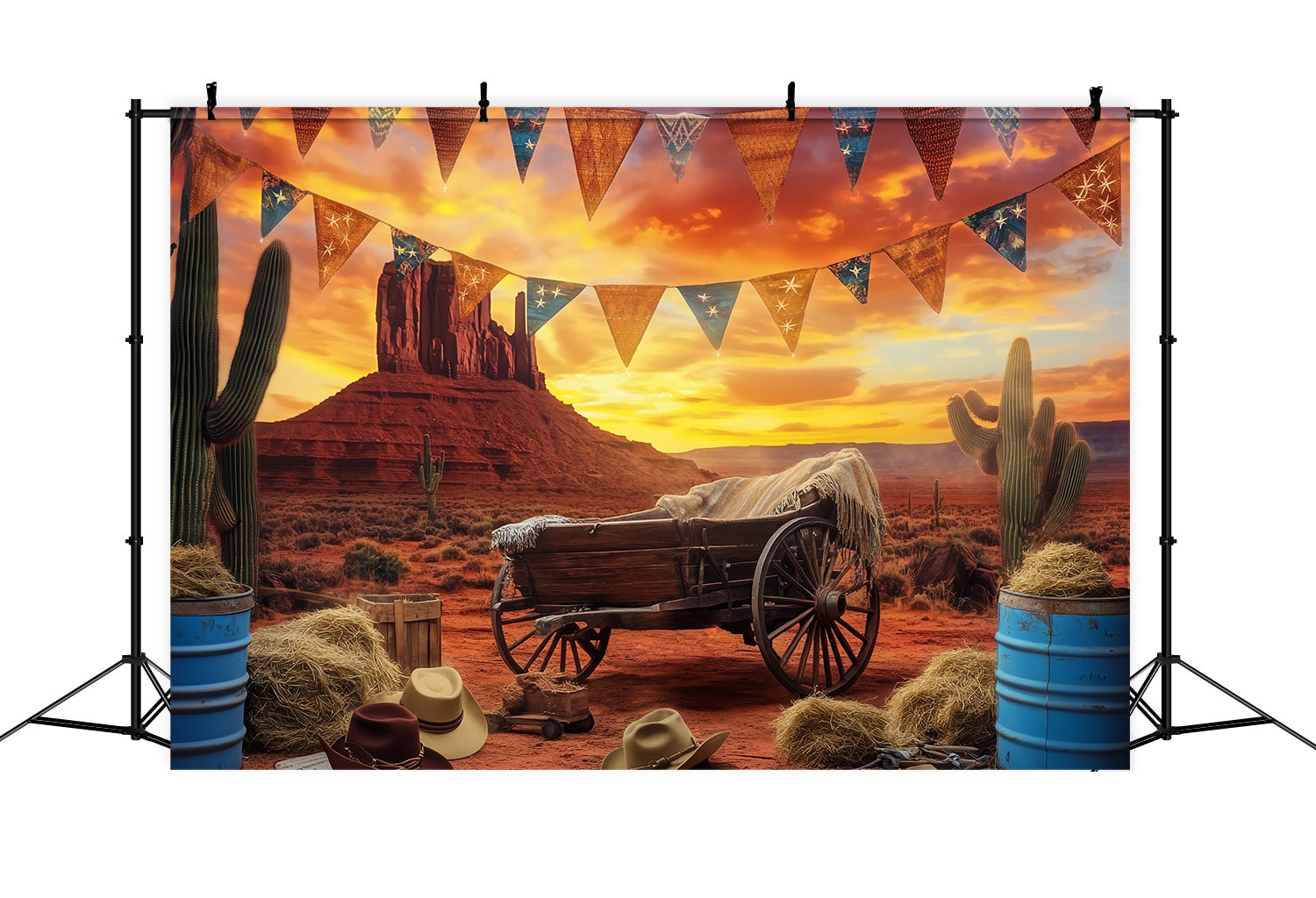 Herbst Fotokulissen Sonnenuntergang Wüste Wagon Kaktus Western Foto Hintergrund LXX58-190