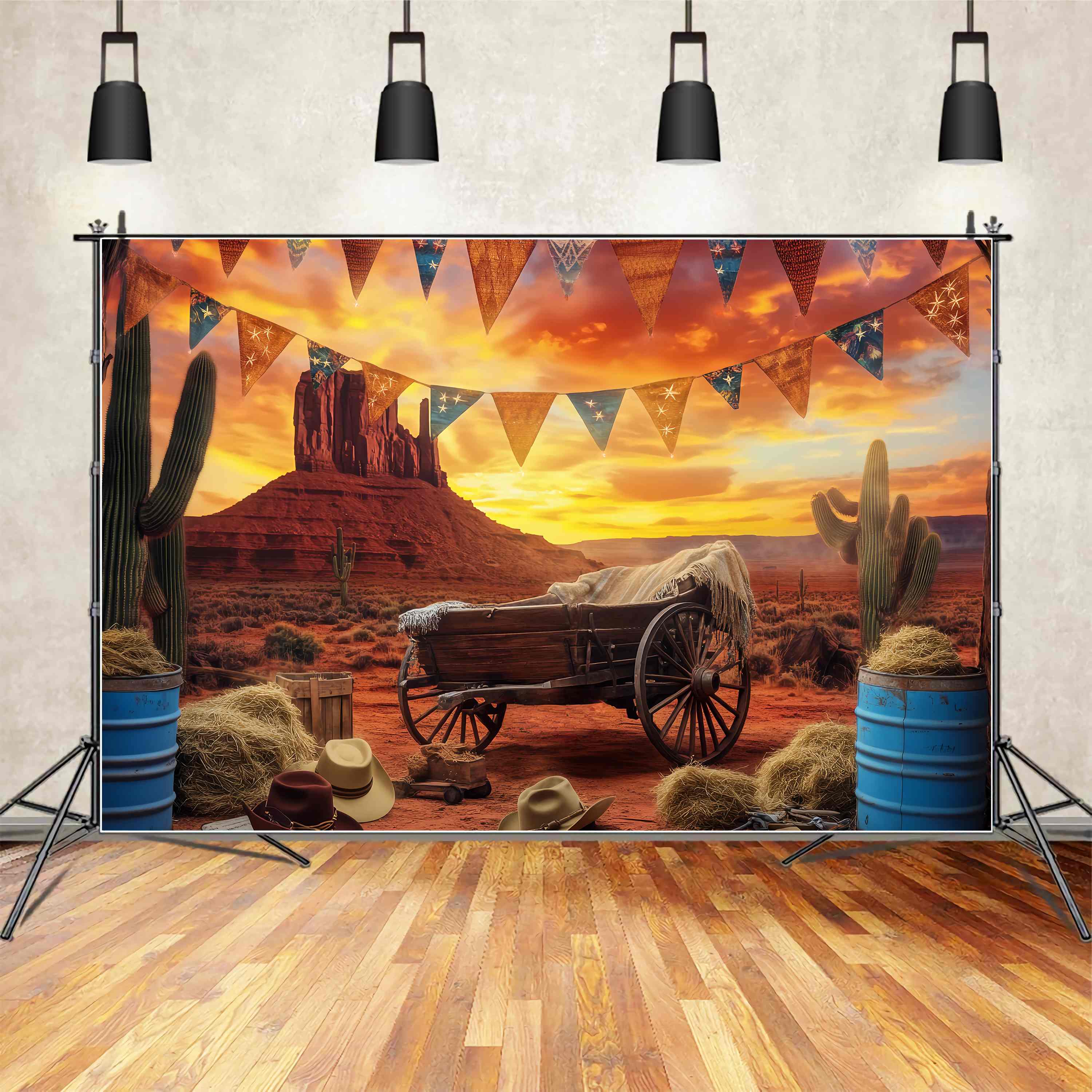 Herbst Fotokulissen Sonnenuntergang Wüste Wagon Kaktus Western Foto Hintergrund LXX58-190