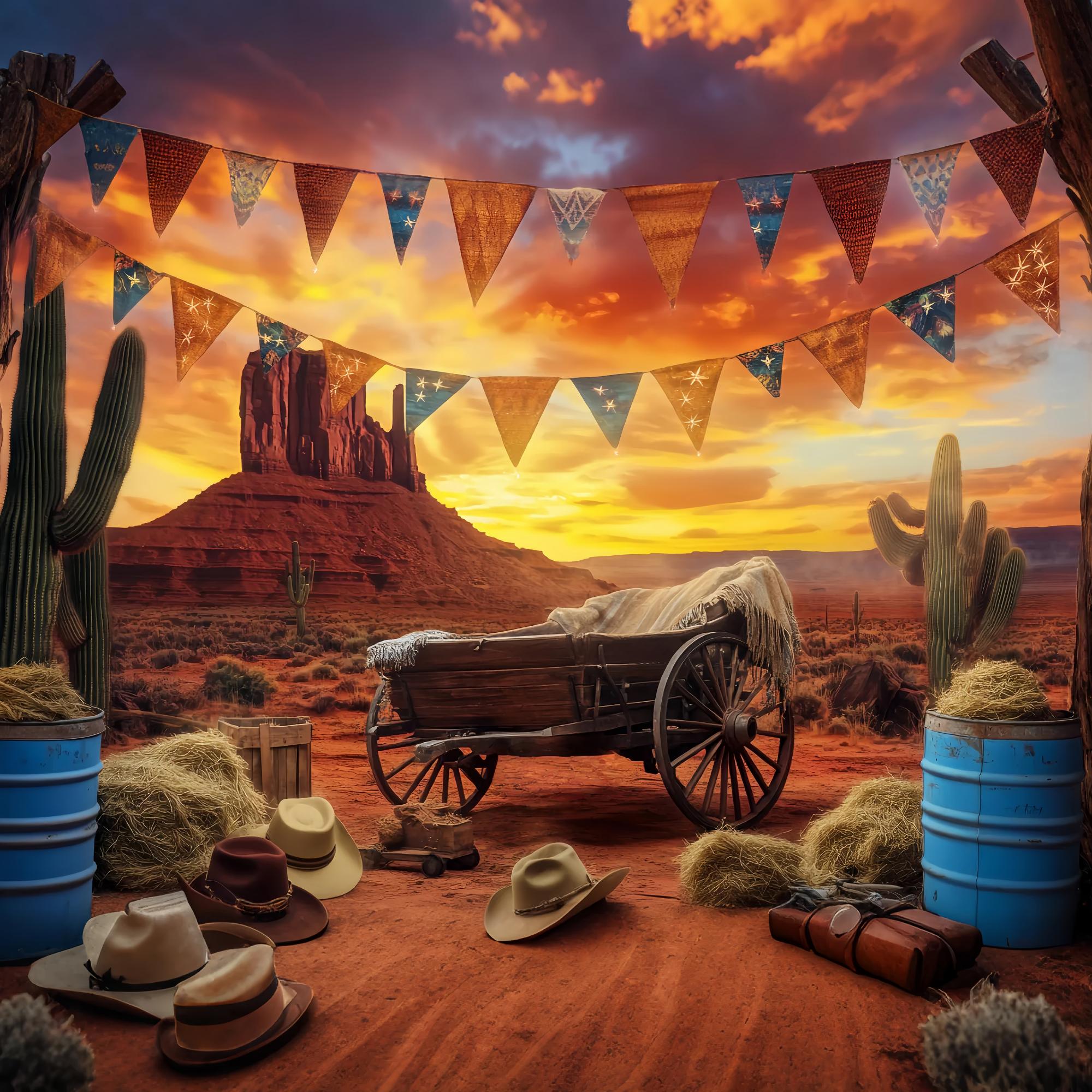 Herbst Fotokulissen Sonnenuntergang Wüste Wagon Kaktus Western Foto Hintergrund LXX58-190