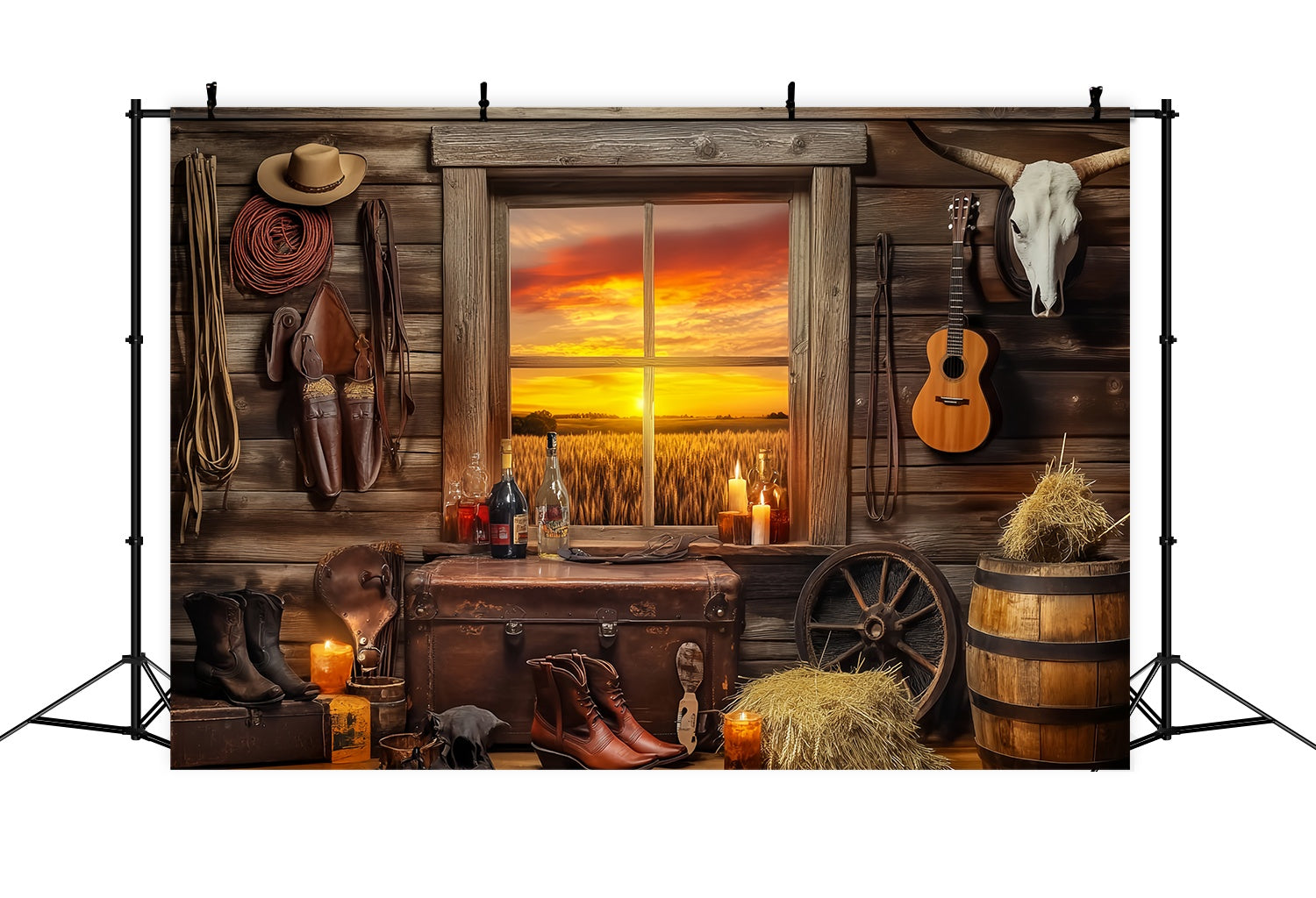 Herbst Foto Hintergrund Rustikale Hütte Sonnenuntergang Fenster Cowboy Foto Hintergrund LXX58-191
