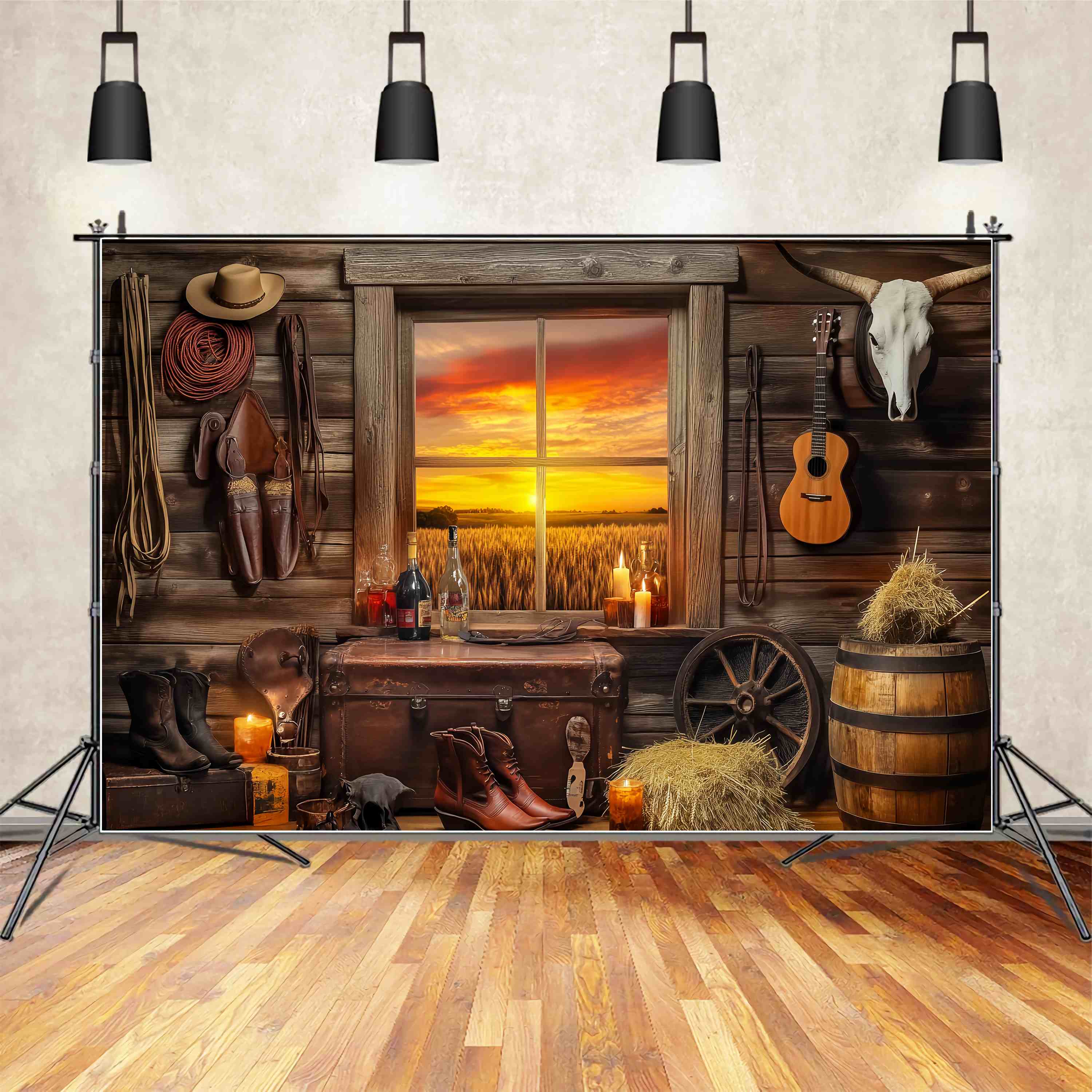 Herbst Foto Hintergrund Rustikale Hütte Sonnenuntergang Fenster Cowboy Foto Hintergrund LXX58-191