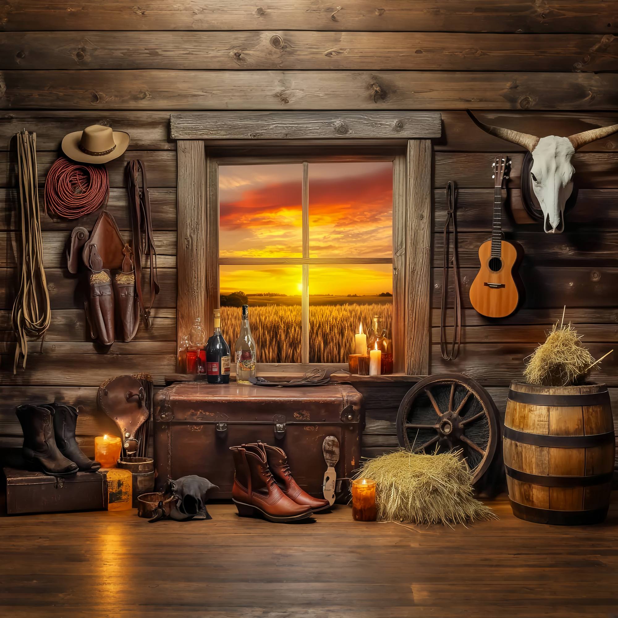 Herbst Foto Hintergrund Rustikale Hütte Sonnenuntergang Fenster Cowboy Foto Hintergrund LXX58-191