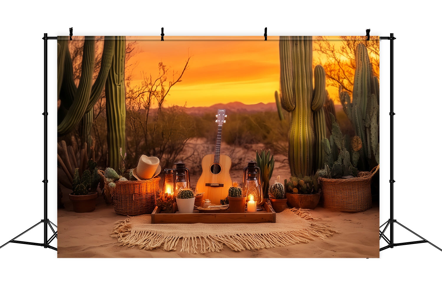 Herbst-Foto Hintergrund Sonnenuntergang Kaktus Picknick Arrangement Cowboy-Foto Hintergrund LXX58-194