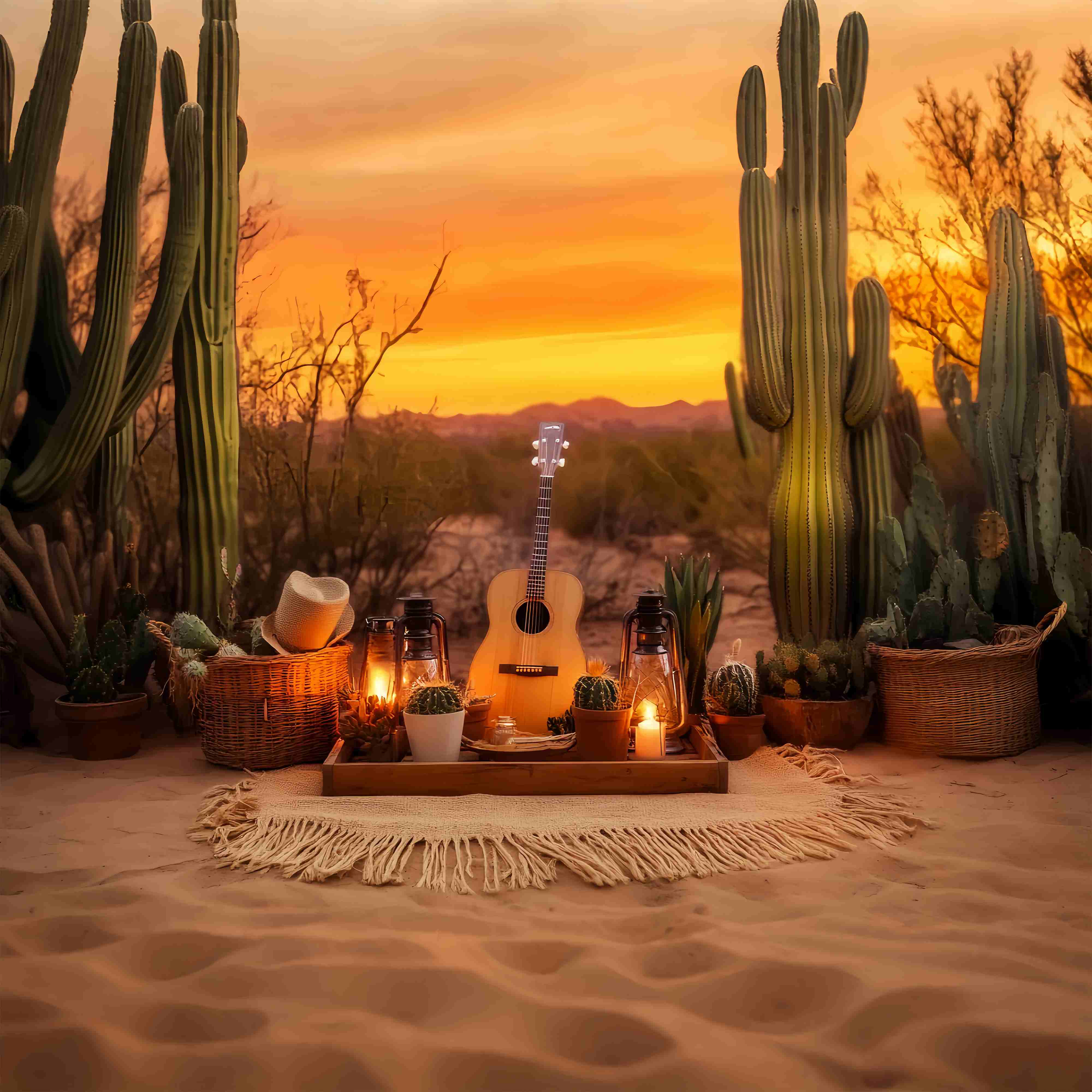 Herbst-Foto Hintergrund Sonnenuntergang Kaktus Picknick Arrangement Cowboy-Foto Hintergrund LXX58-194