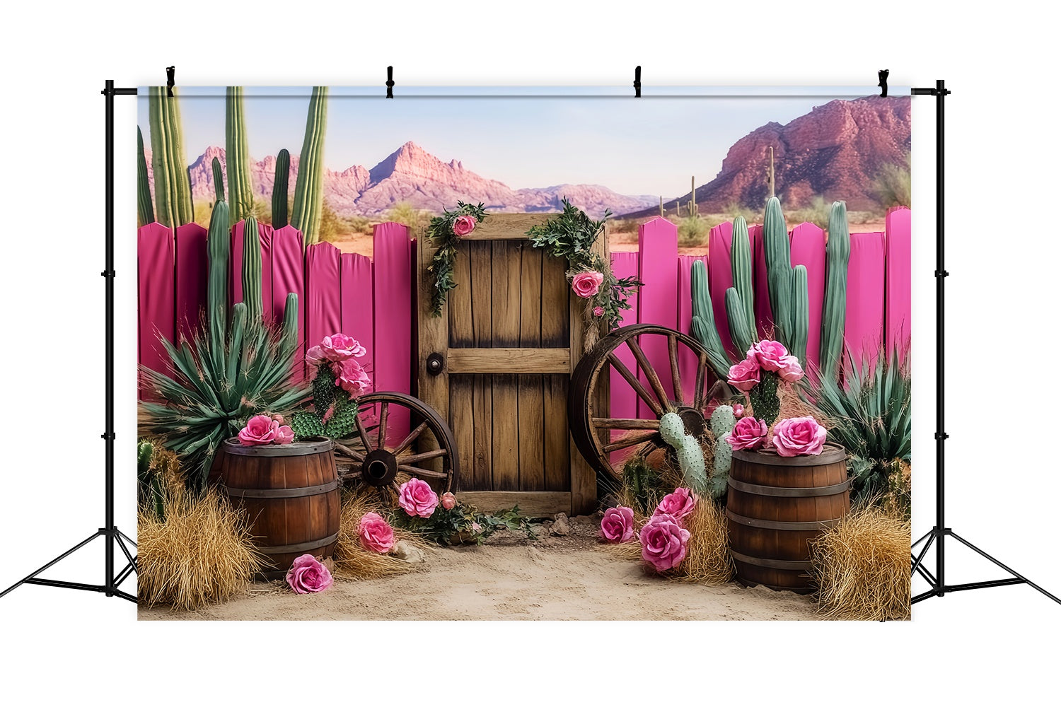 Herbst-Foto Hintergrund Rosa Kaktus Wagon Wheel Dekor Western-Foto Hintergrund LXX58-198
