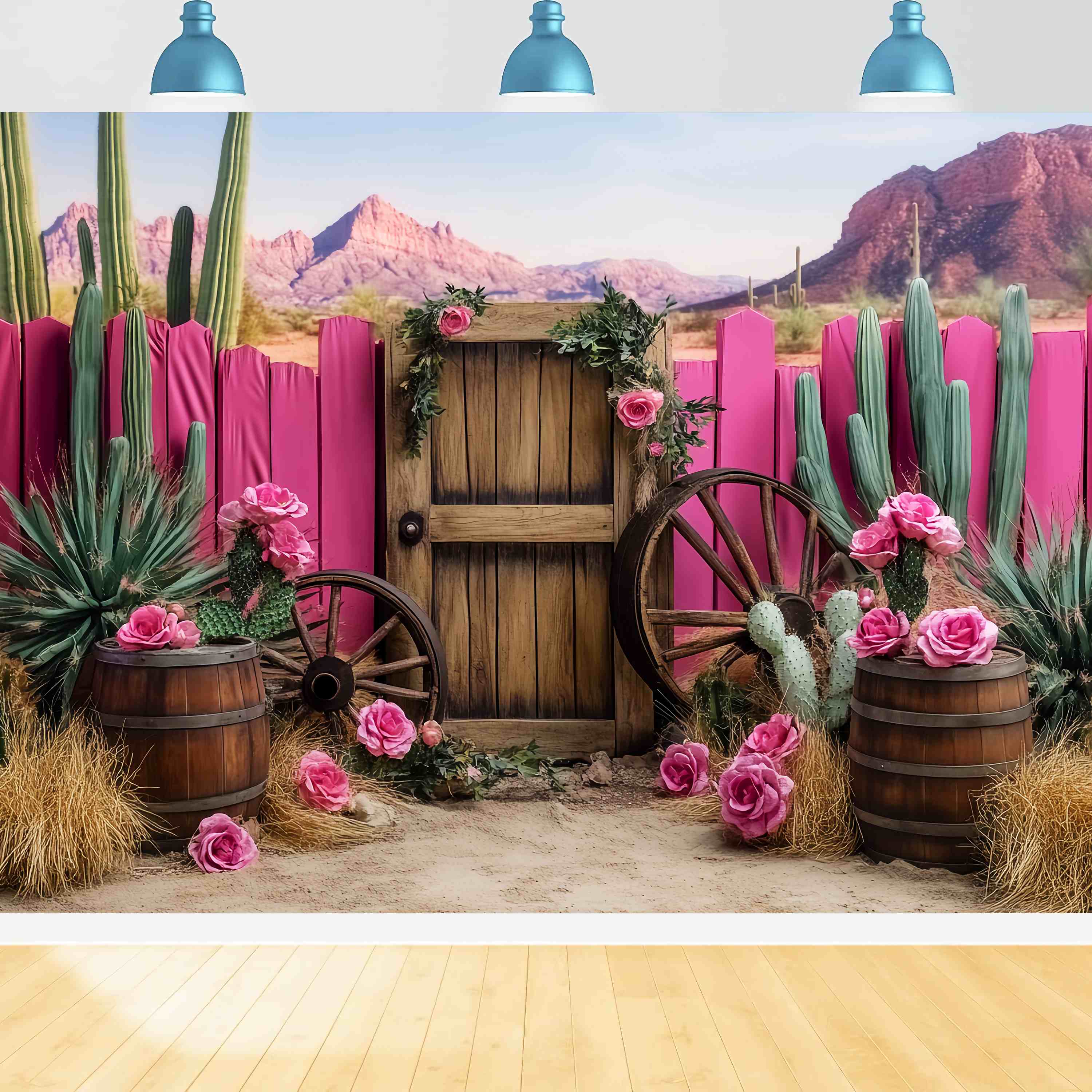 Herbst-Foto Hintergrund Rosa Kaktus Wagon Wheel Dekor Western-Foto Hintergrund LXX58-198