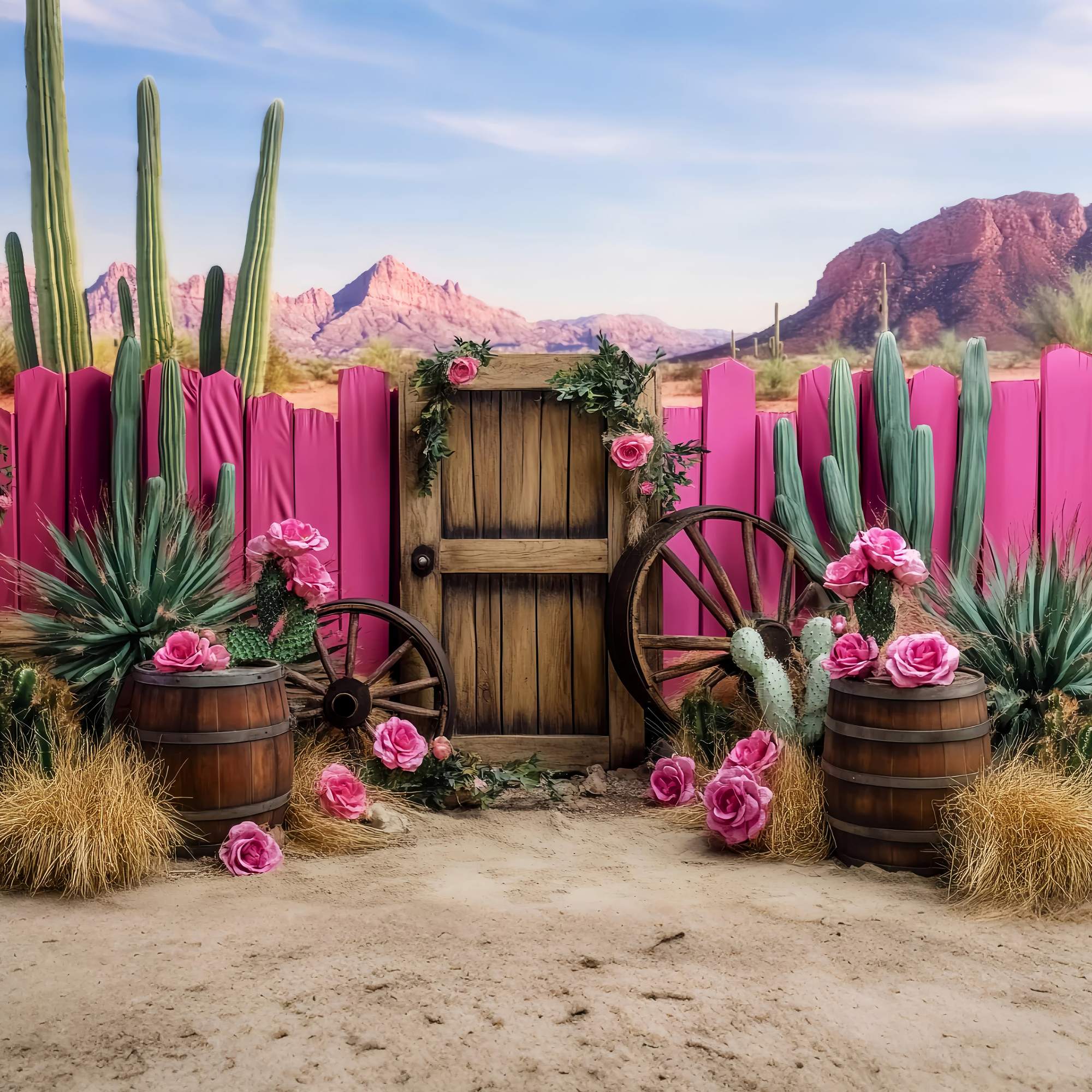 Herbst-Foto Hintergrund Rosa Kaktus Wagon Wheel Dekor Western-Foto Hintergrund LXX58-198