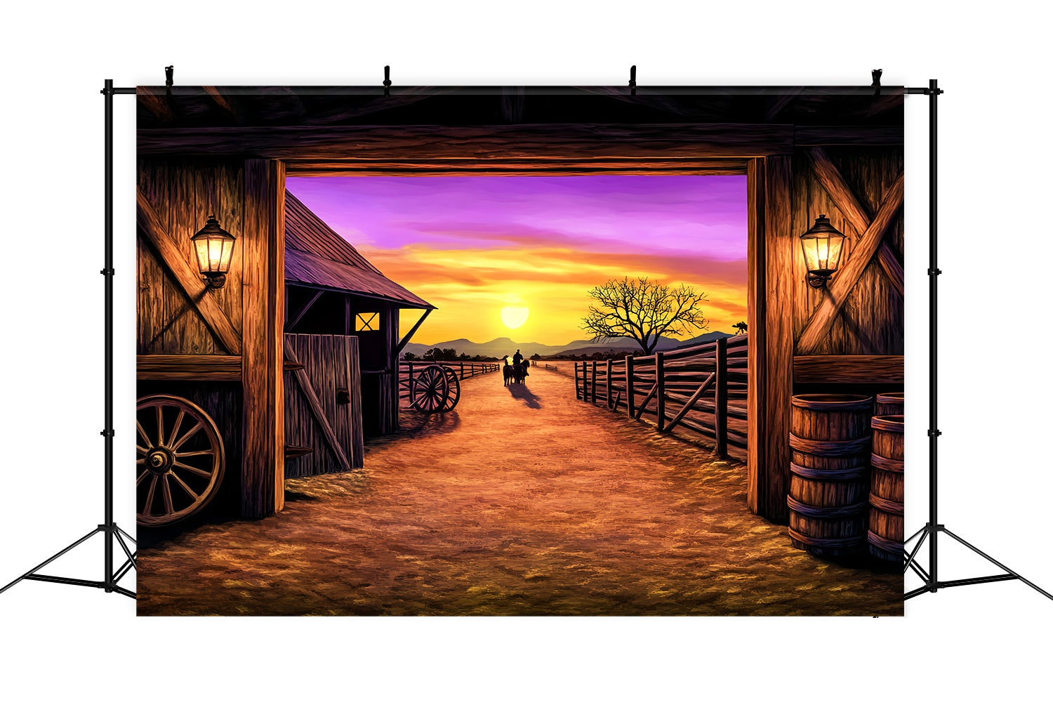 Herbst-Foto Hintergrund-Ideen Sonnenuntergang Ranch Scheune Ansicht Western-Foto Hintergrund LXX58-199