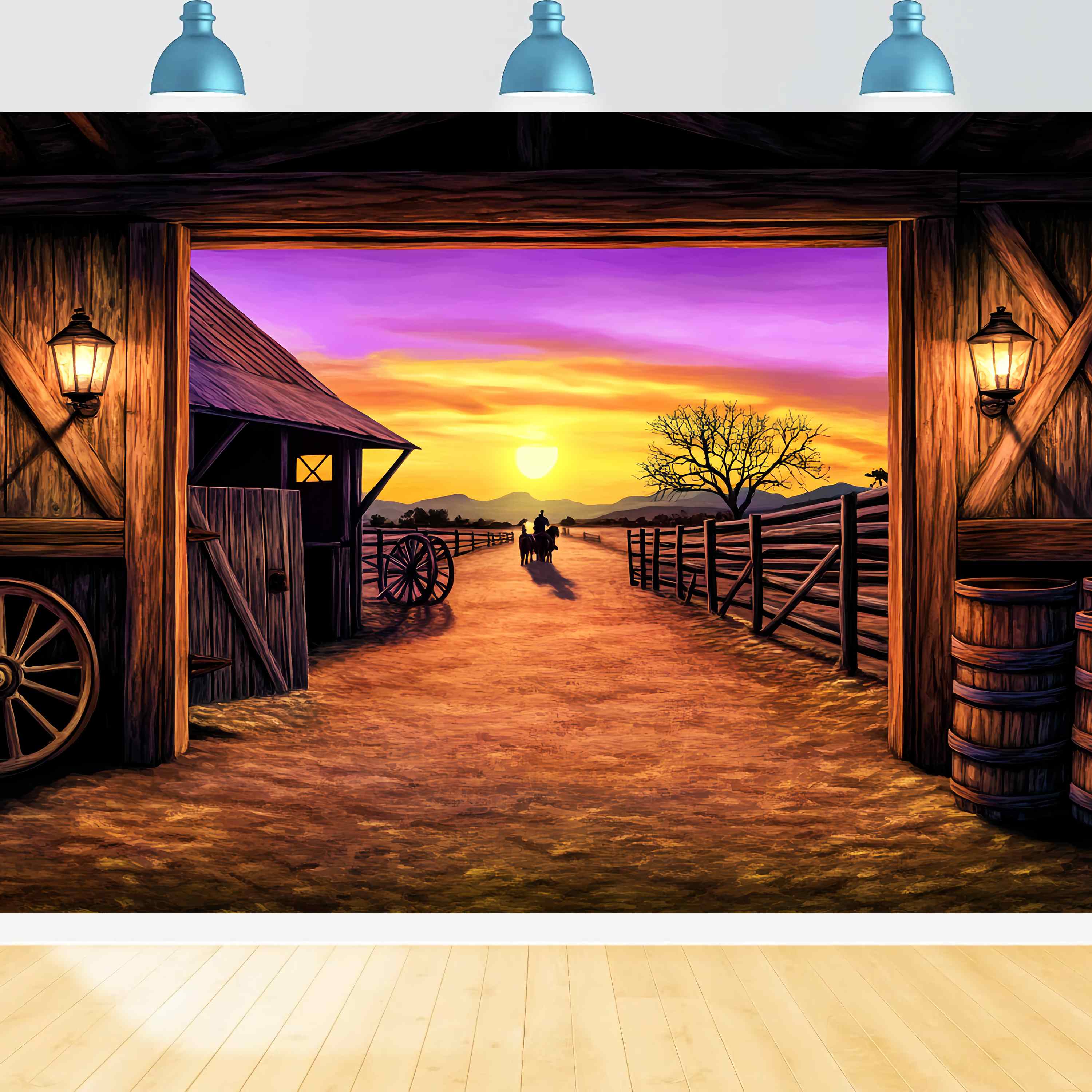 Herbst-Foto Hintergrund-Ideen Sonnenuntergang Ranch Scheune Ansicht Western-Foto Hintergrund LXX58-199