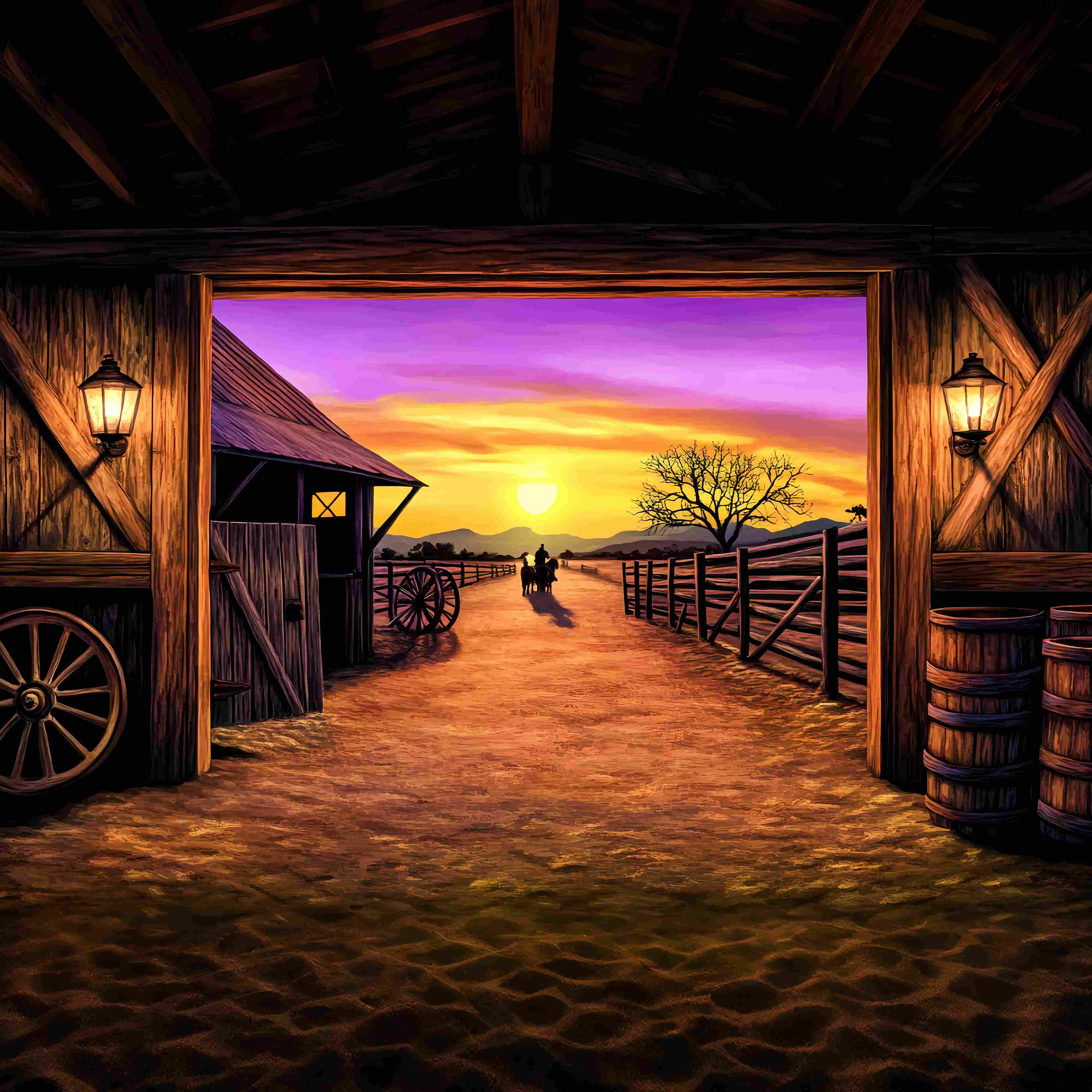 Herbst-Foto Hintergrund-Ideen Sonnenuntergang Ranch Scheune Ansicht Western-Foto Hintergrund LXX58-199