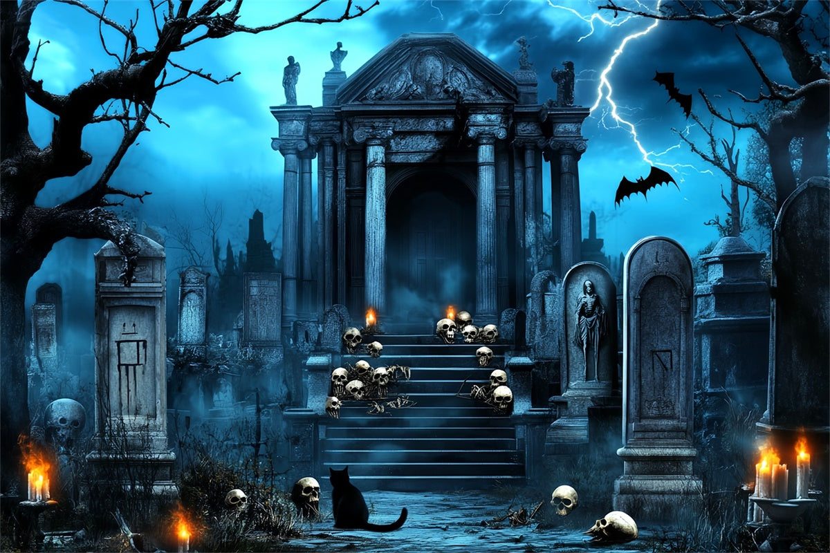 Halloween Friedhof Hintergrund Blitz Totenkopf Gruft Foto Hintergrund LXX58-20