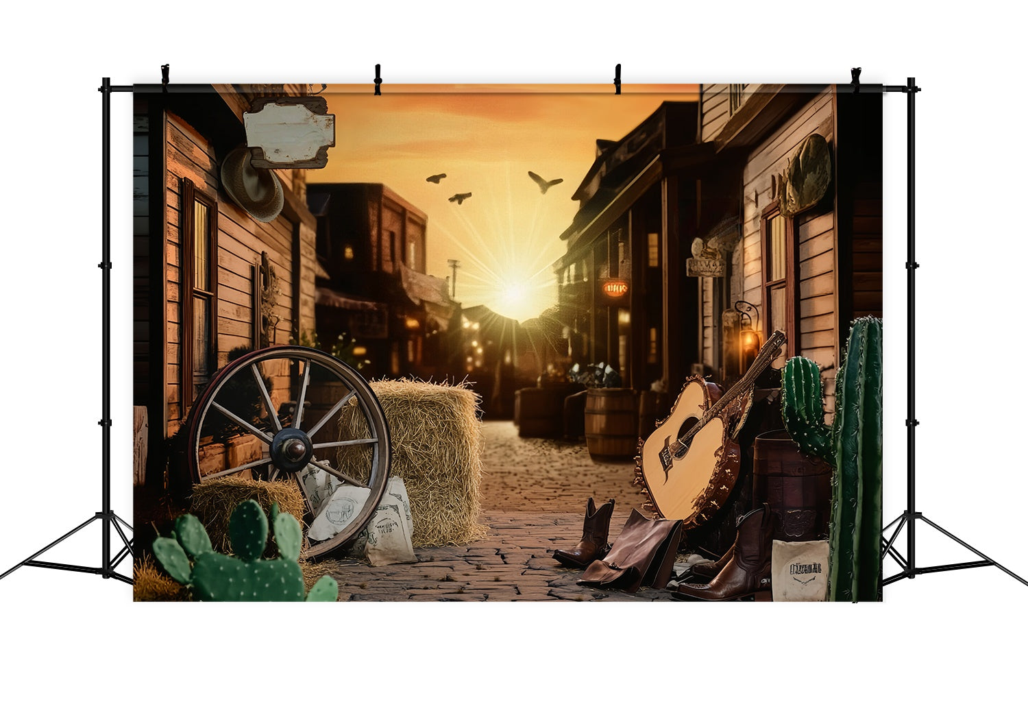 Herbst-Foto Hintergrund Sonnenuntergang Western Straße Gitarre Cowboy Foto Hintergrund LXX58-204