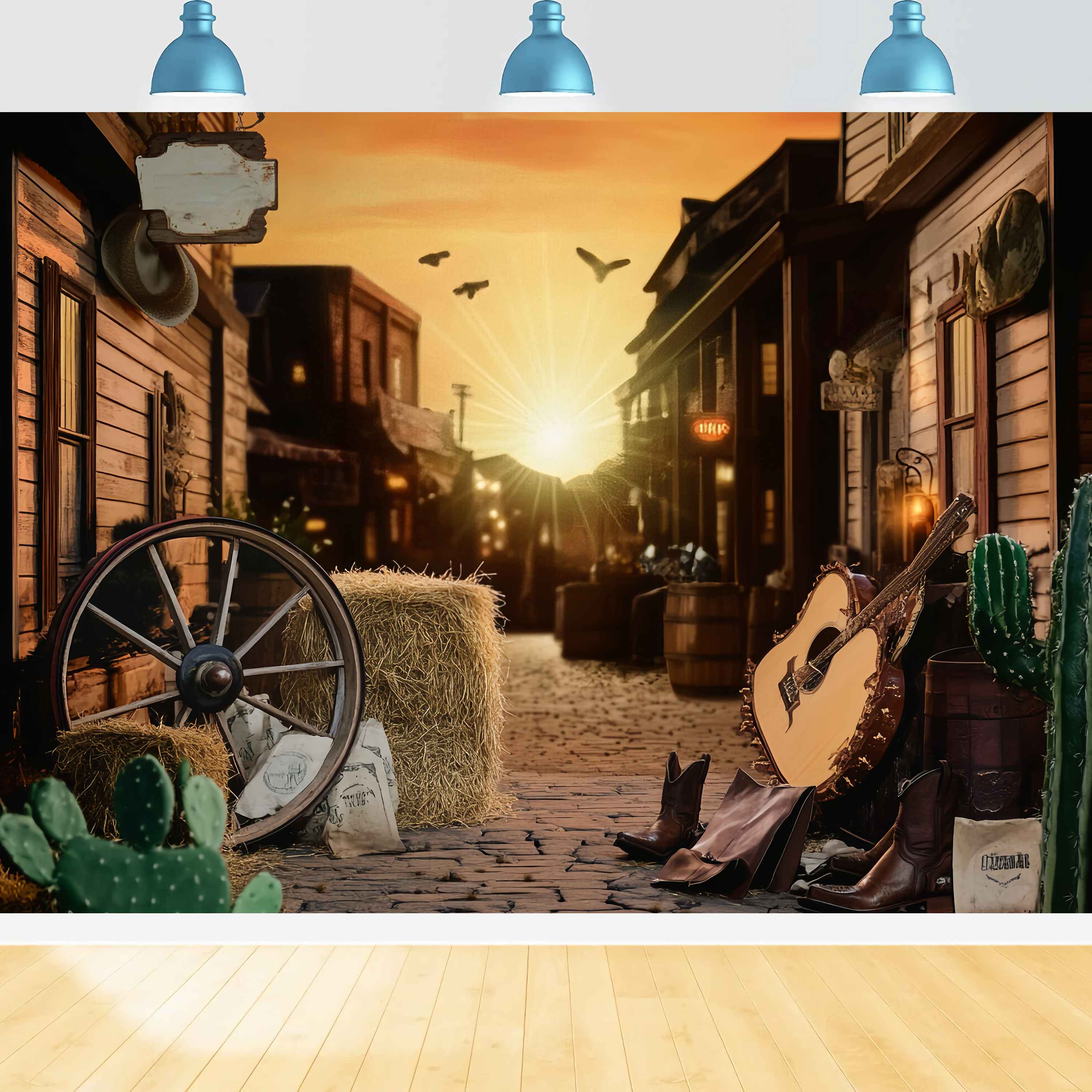 Herbst-Foto Hintergrund Sonnenuntergang Western Straße Gitarre Cowboy Foto Hintergrund LXX58-204