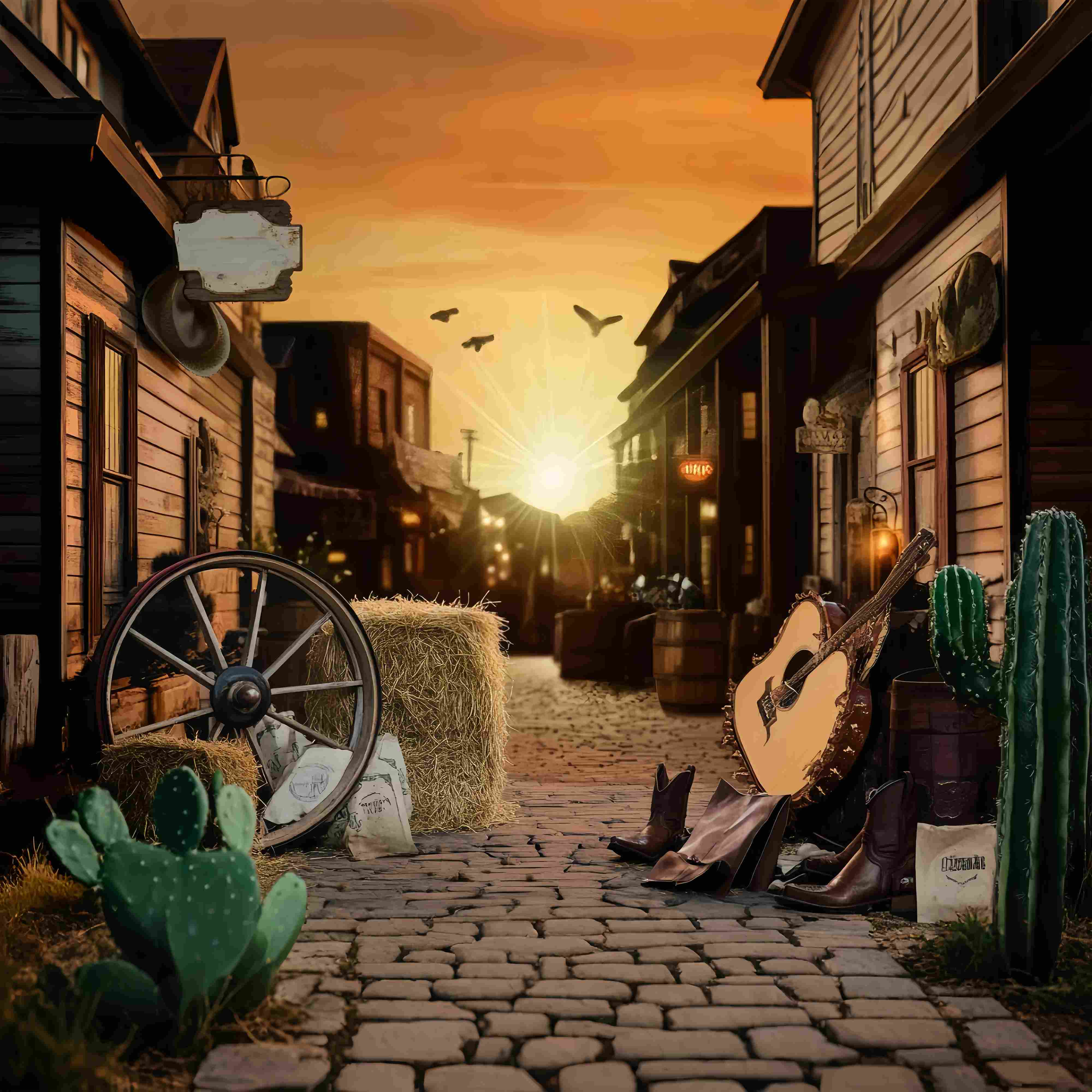 Herbst-Foto Hintergrund Sonnenuntergang Western Straße Gitarre Cowboy Foto Hintergrund LXX58-204