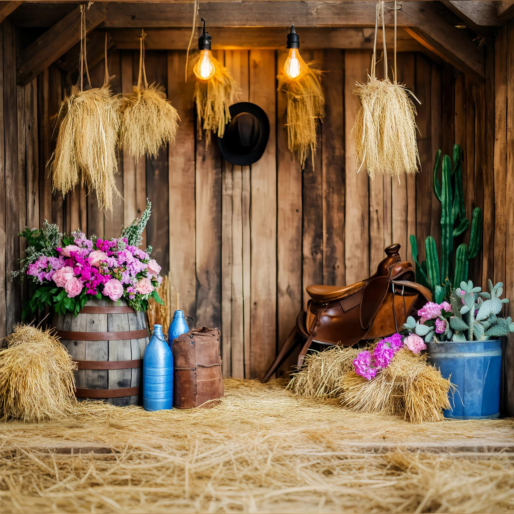 Herbst-Fotokulisse Rustikales Fass Blumen Heuballen Cowboy-Kulisse LXX58-206