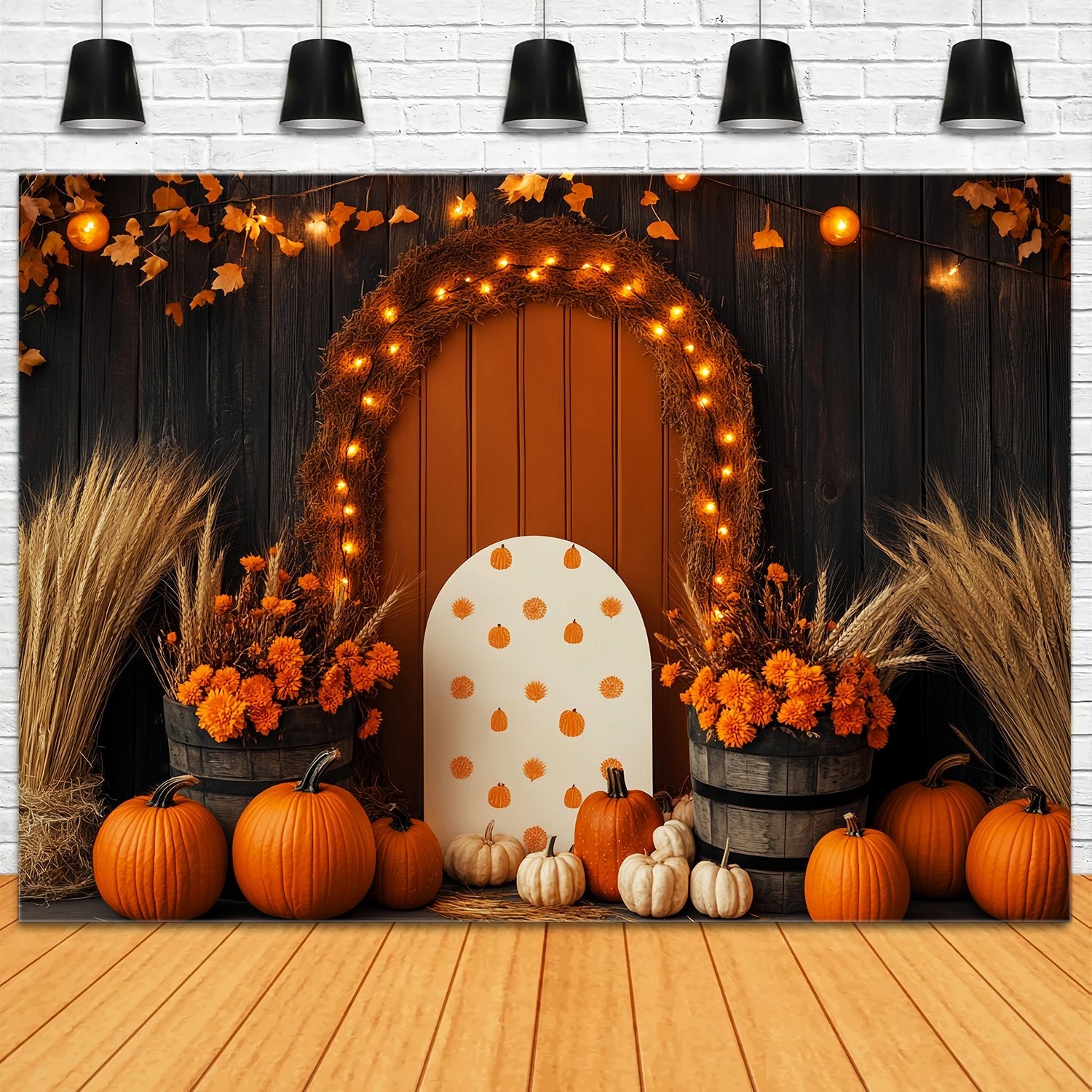 Herbst-Foto Hintergrundbilder Kürbisbogen Weizen Blumendekor Thanksgiving-Foto Hintergrundbilder LXX58-210