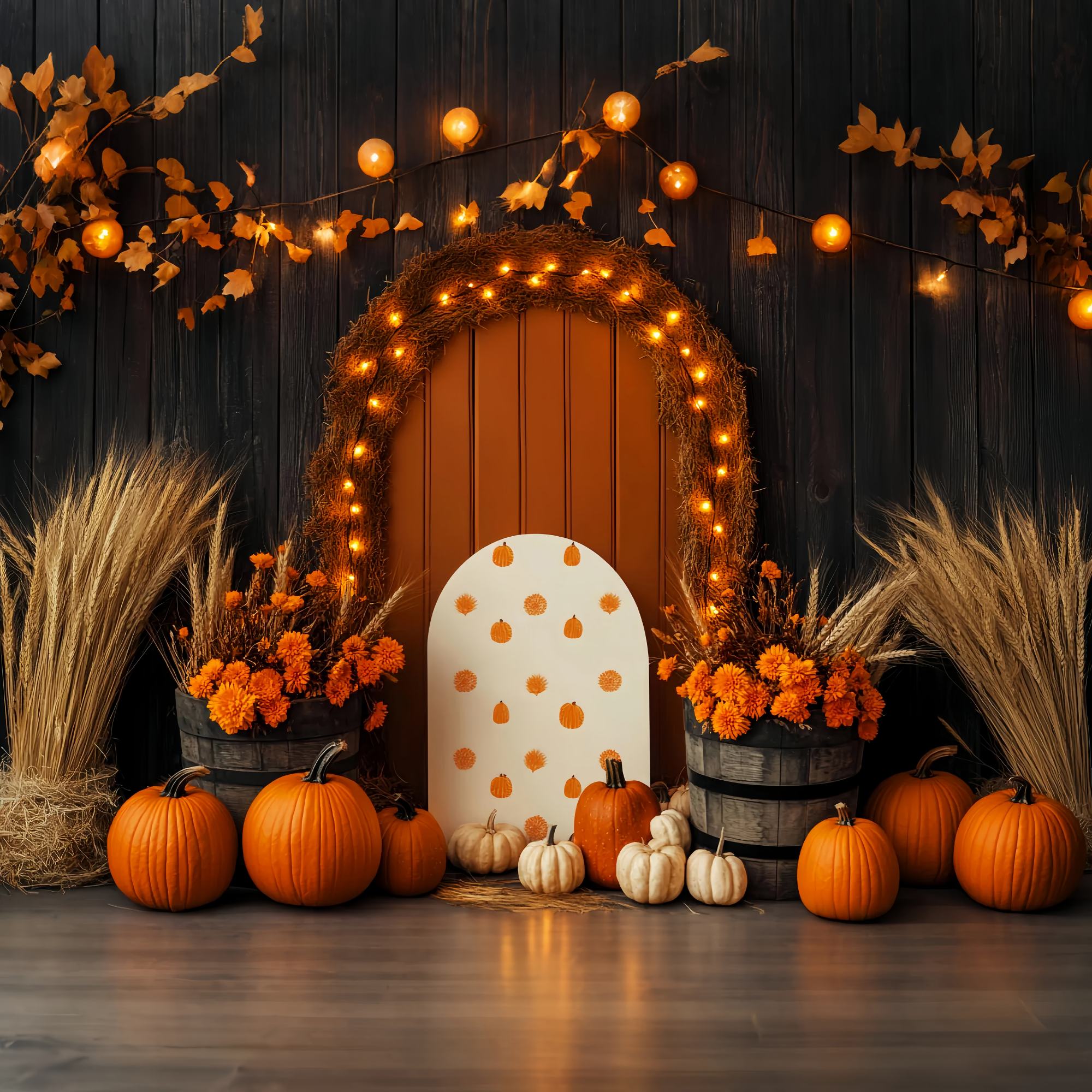 Herbst-Foto Hintergrundbilder Kürbisbogen Weizen Blumendekor Thanksgiving-Foto Hintergrundbilder LXX58-210