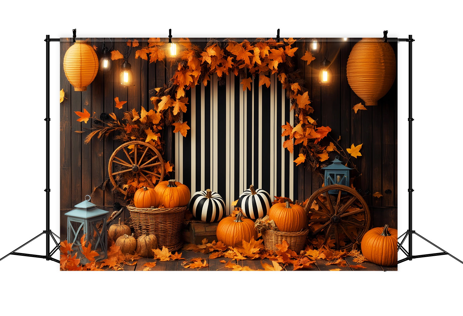 Herbstkulissen Gestreifte Kulisse Kürbis Laterne Display Thanksgiving Kulisse LXX58-211