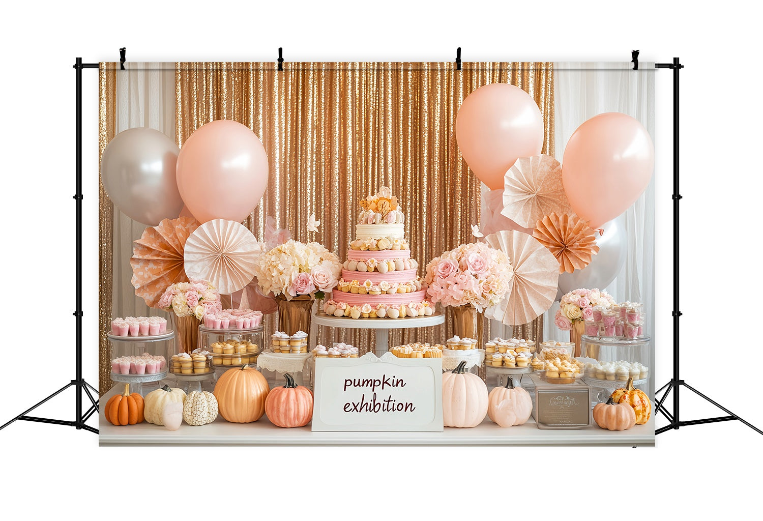 Herbst-Foto Hintergrundkulissen Rosa Desserttisch Kürbis-Akzente Cake Smash Foto Hintergrundkulisse LXX58-212