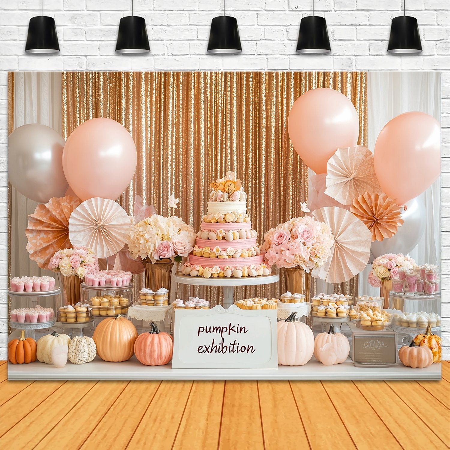 Herbst-Foto Hintergrundkulissen Rosa Desserttisch Kürbis-Akzente Cake Smash Foto Hintergrundkulisse LXX58-212