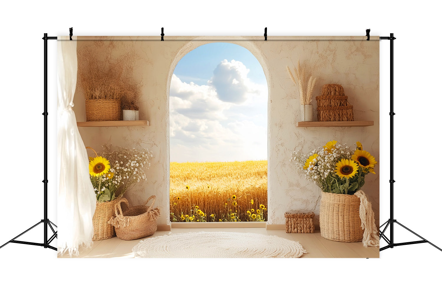 Herbst-Foto Hintergrundbilder Sonnenblumen-Korb Goldener Weizen-Ansicht Boho-Foto Hintergrund LXX58-213