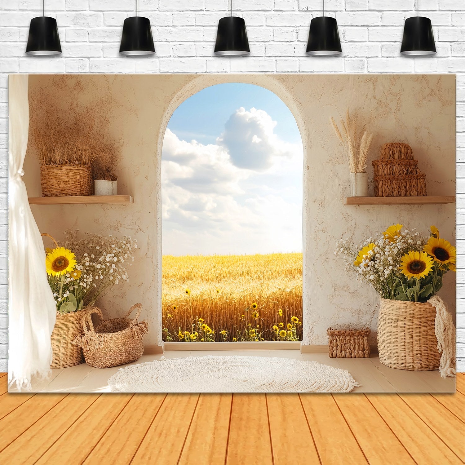 Herbst-Foto Hintergrundbilder Sonnenblumen-Korb Goldener Weizen-Ansicht Boho-Foto Hintergrund LXX58-213