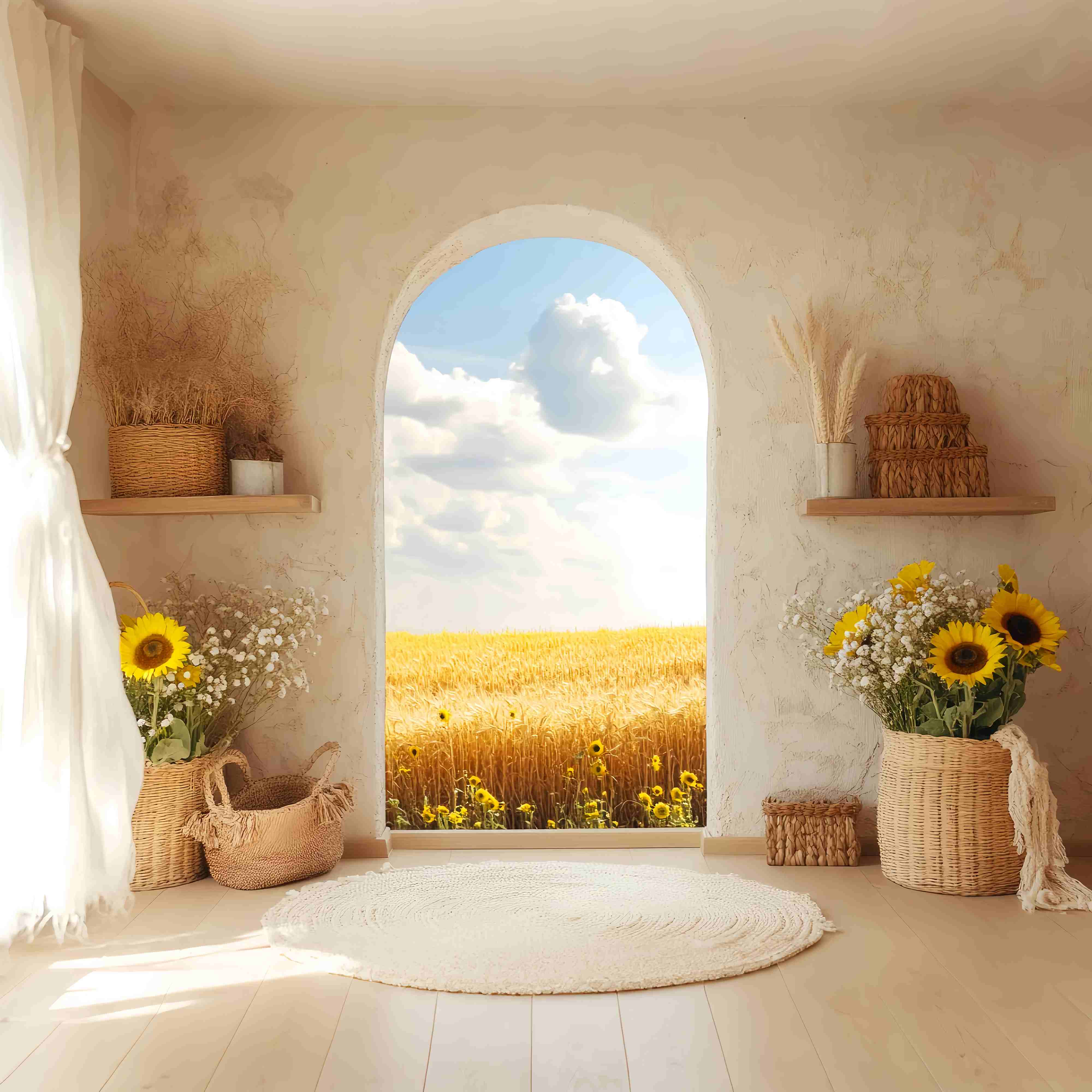 Herbst-Foto Hintergrundbilder Sonnenblumen-Korb Goldener Weizen-Ansicht Boho-Foto Hintergrund LXX58-213