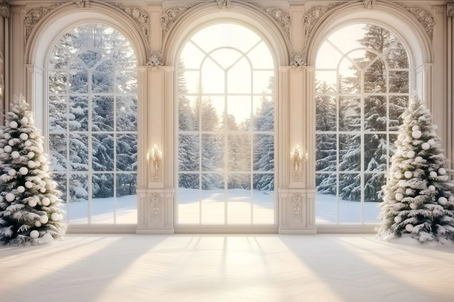 Winter-Fenster-Fotohintergrund verschneiter Winterwald Bäume Winter-Fotohintergrund LXX58-235