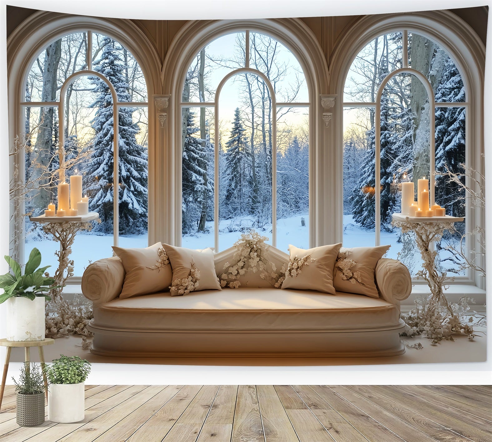 Winter-Fenster-Fotohintergrund Goldenes Kerzenlicht Verschneites Fenster Winter-Fotohintergrundbilder LXX58-237