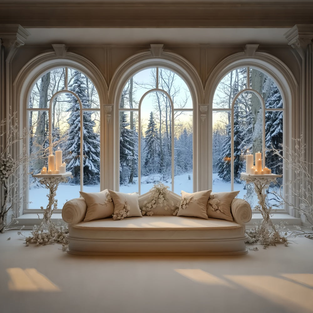 Winter-Fenster-Fotohintergrund Goldenes Kerzenlicht Verschneites Fenster Winter-Fotohintergrundbilder LXX58-237