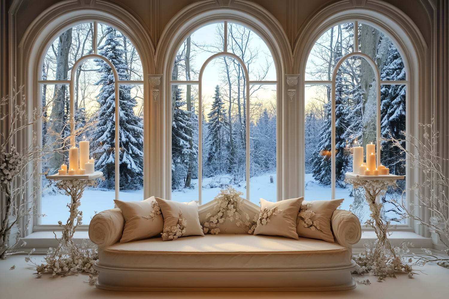 Winter-Fenster-Fotohintergrund Goldenes Kerzenlicht Verschneites Fenster Winter-Fotohintergrundbilder LXX58-237