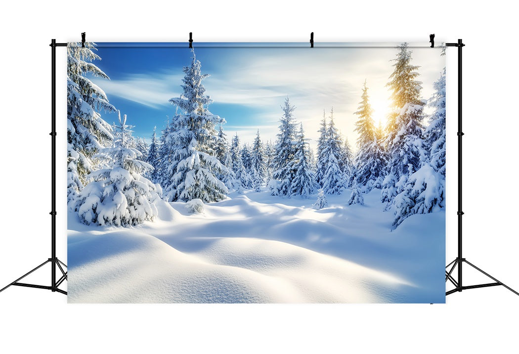WaldFotohintergrund Goldener Sonnenaufgang Verschneiter Wald Winterwunderland Kulissen LXX58-239