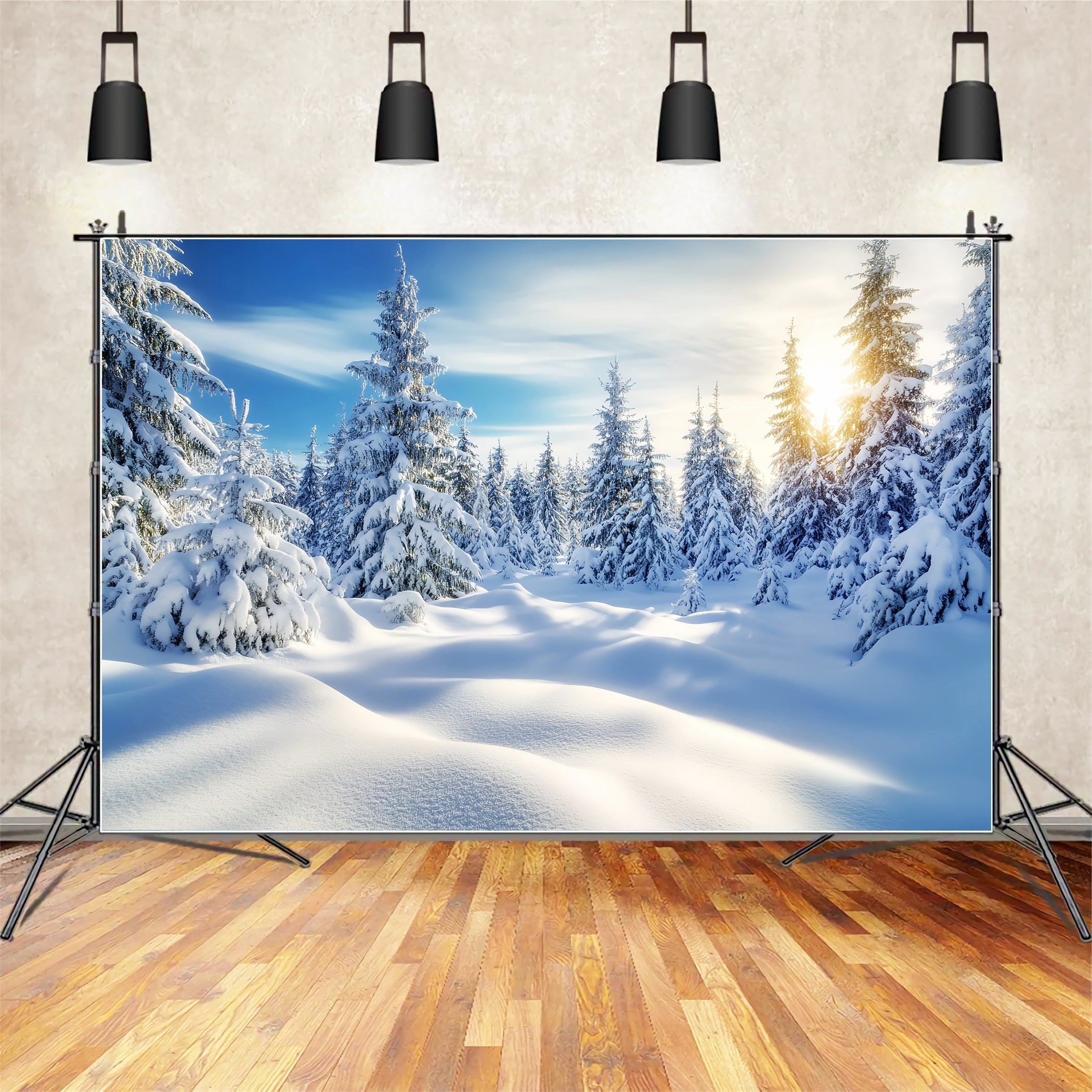 WaldFotohintergrund Goldener Sonnenaufgang Verschneiter Wald Winterwunderland Kulissen LXX58-239