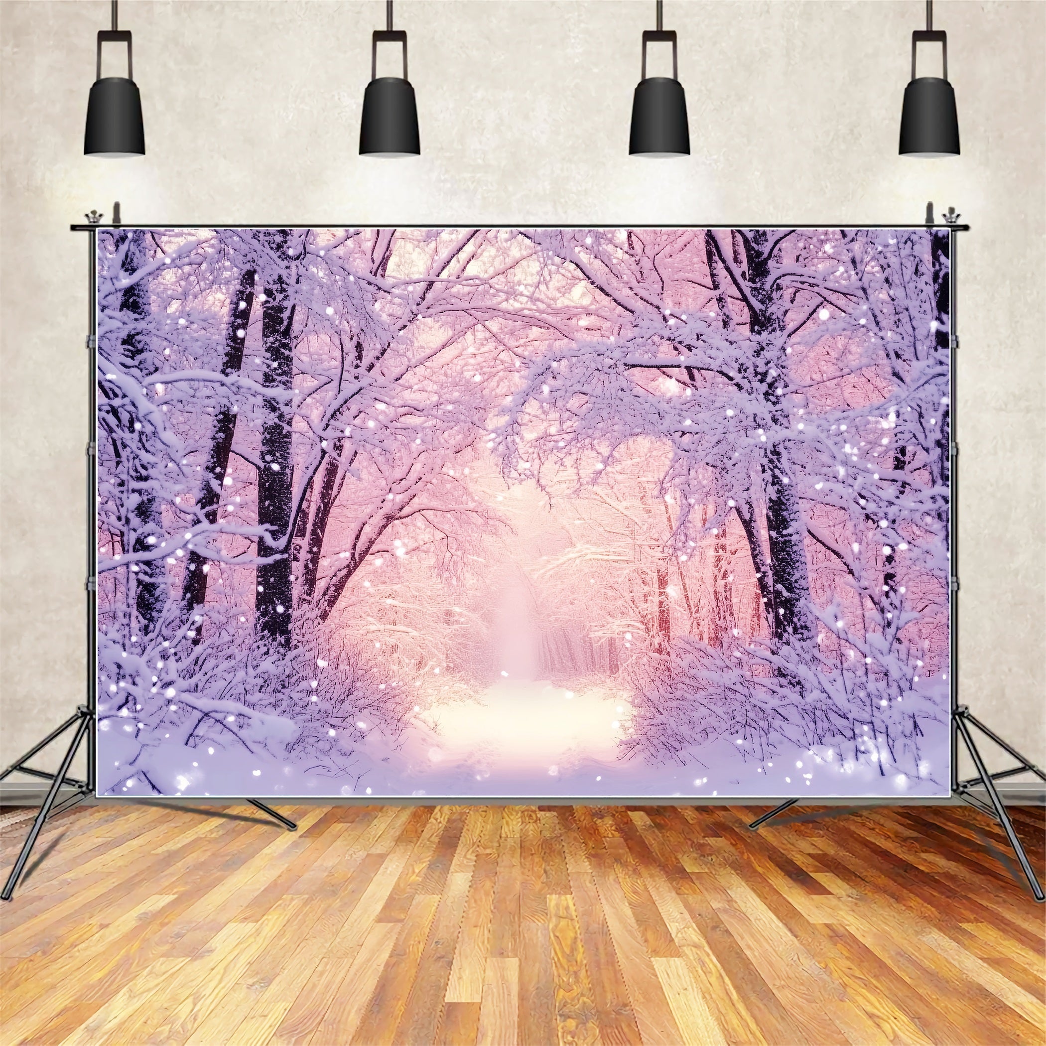 WaldFotohintergrund Rosa Glühen Verschneiter Wald Winter Schnee Fotohintergrund LXX58-240