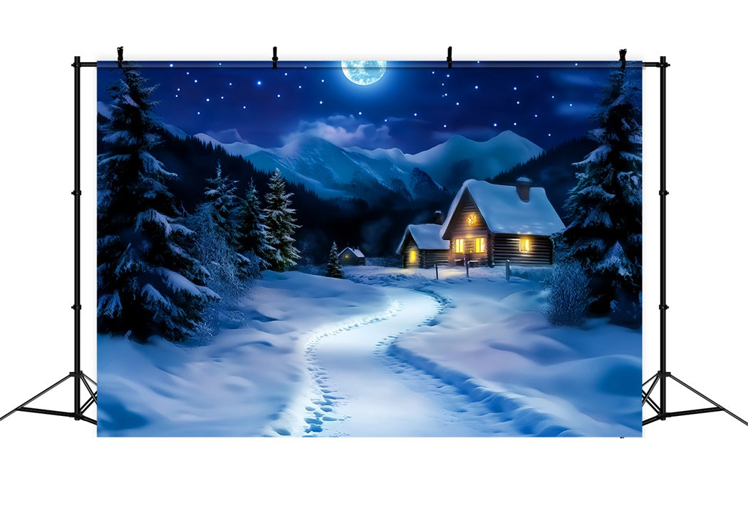 DorfFotohintergrund Mondschein Verschneiter Hüttenweg Winterwald Fotohintergrund LXX58-244