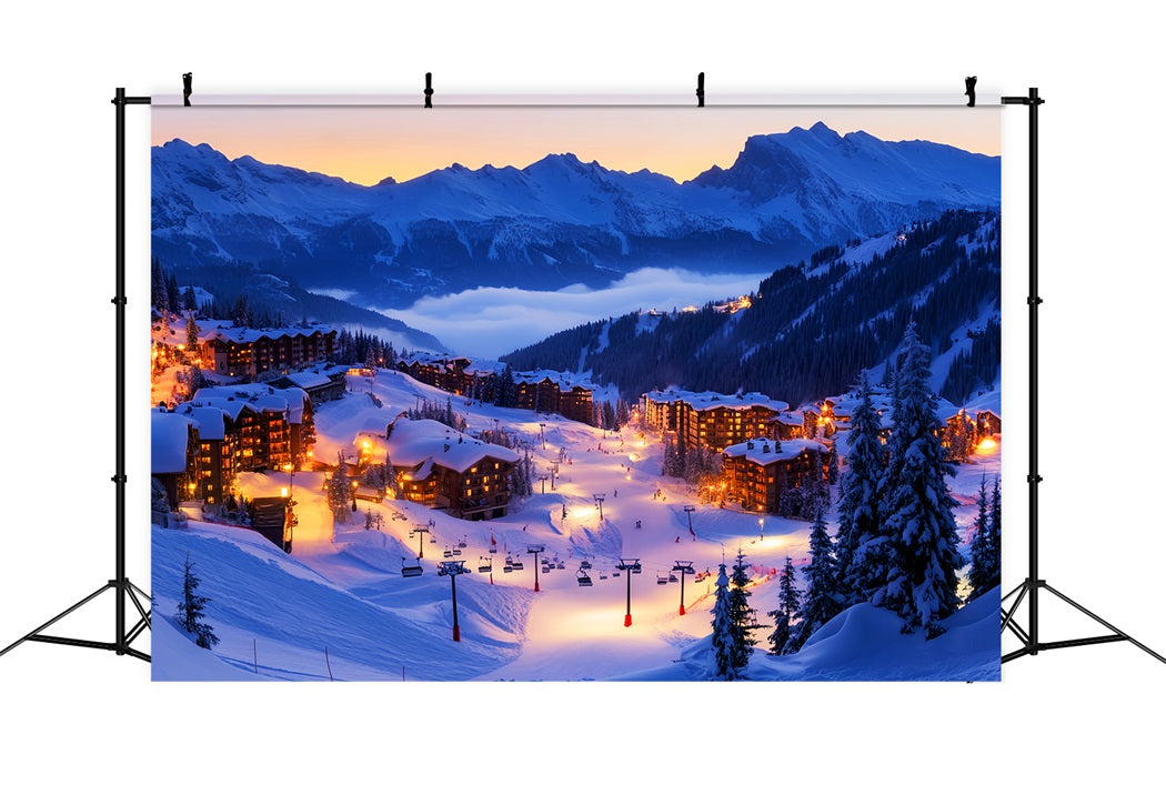 Dorf-Fotohintergrundkulisse Alpines Skidorf Lichter Winter-Fotohintergrundkulissen LXX58-245