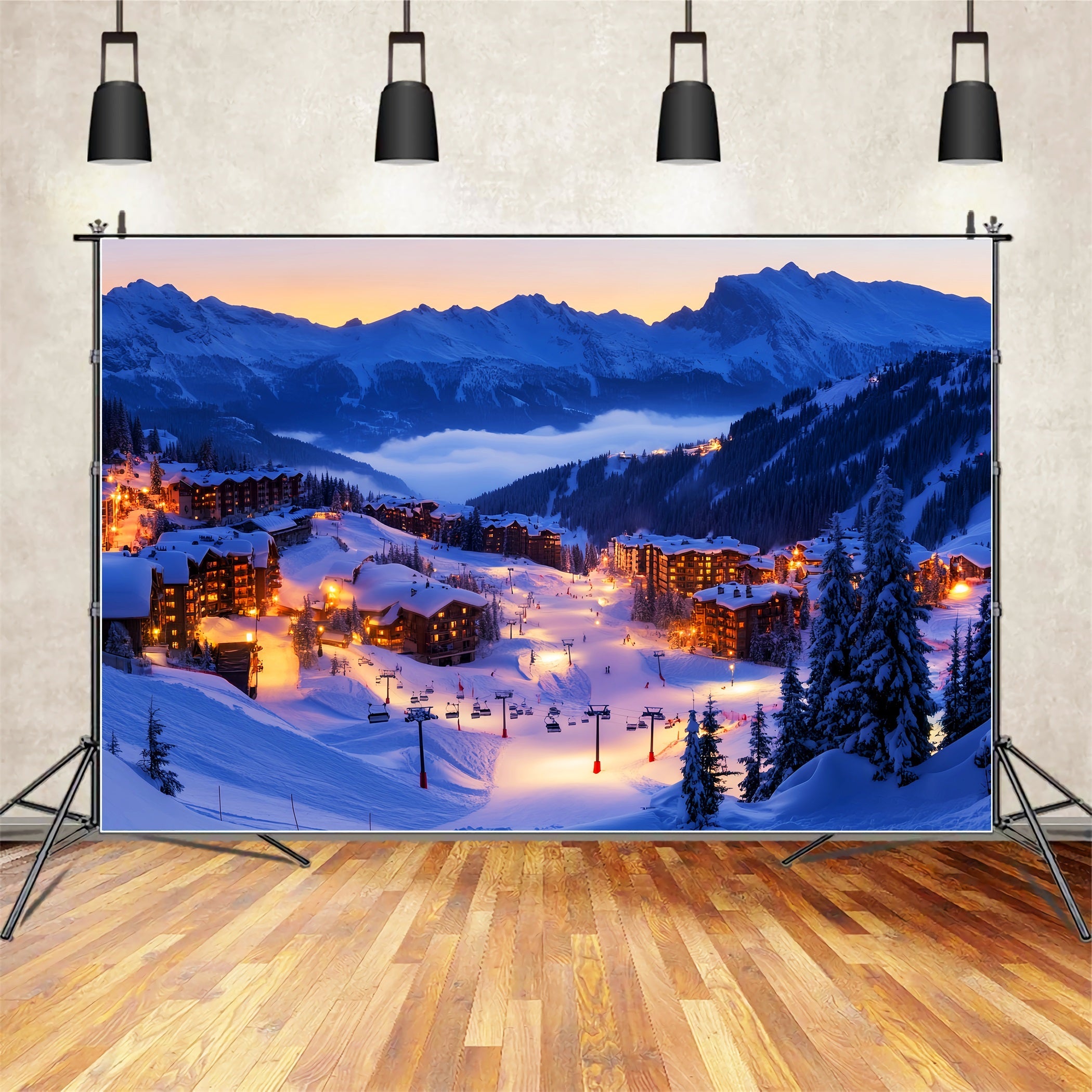 Dorf-Fotohintergrundkulisse Alpines Skidorf Lichter Winter-Fotohintergrundkulissen LXX58-245