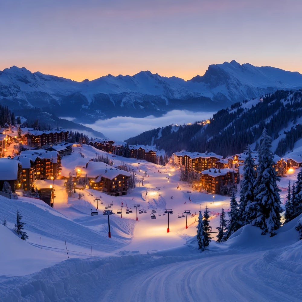 Dorf-Fotohintergrundkulisse Alpines Skidorf Lichter Winter-Fotohintergrundkulissen LXX58-245