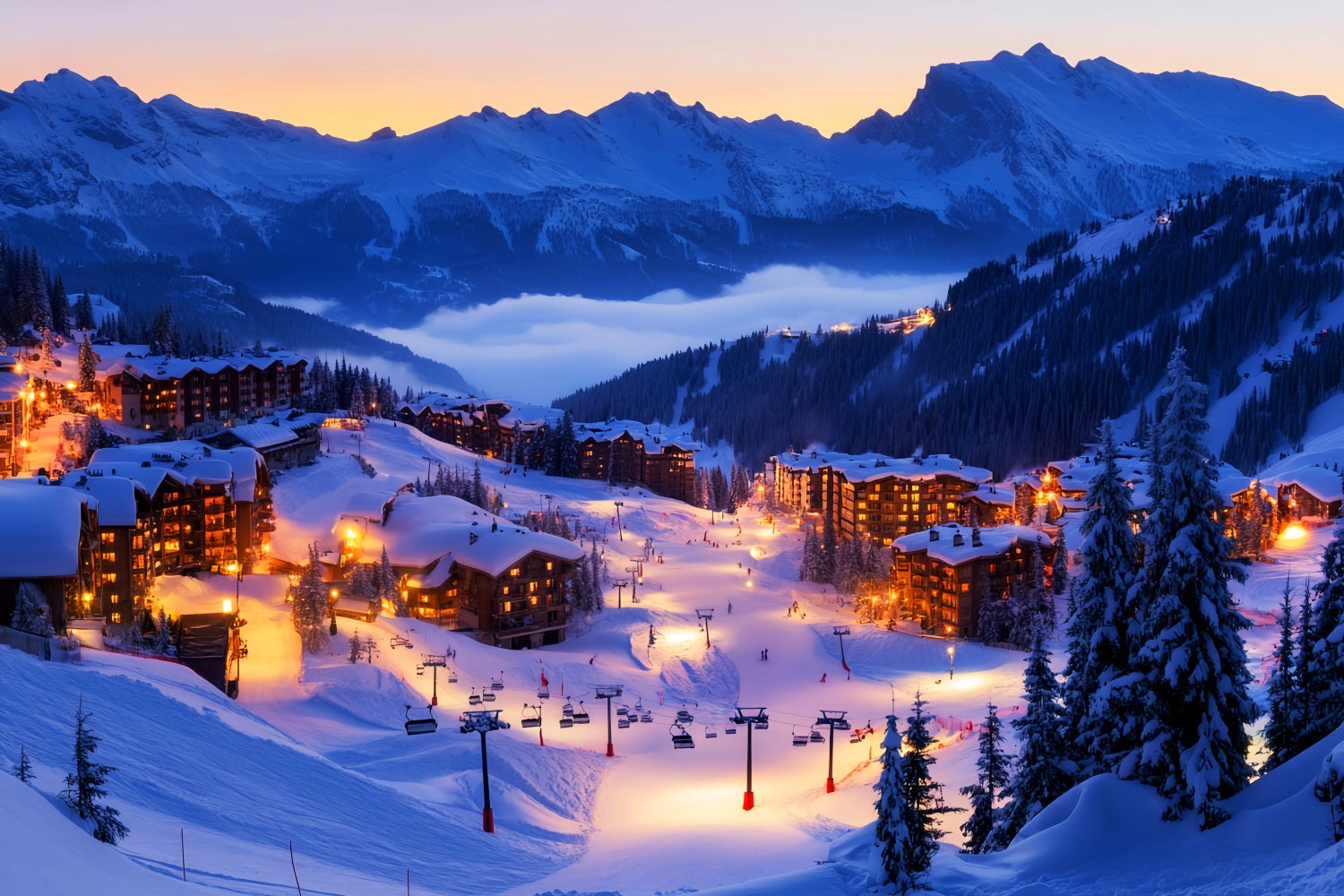 Dorf-Fotohintergrundkulisse Alpines Skidorf Lichter Winter-Fotohintergrundkulissen LXX58-245
