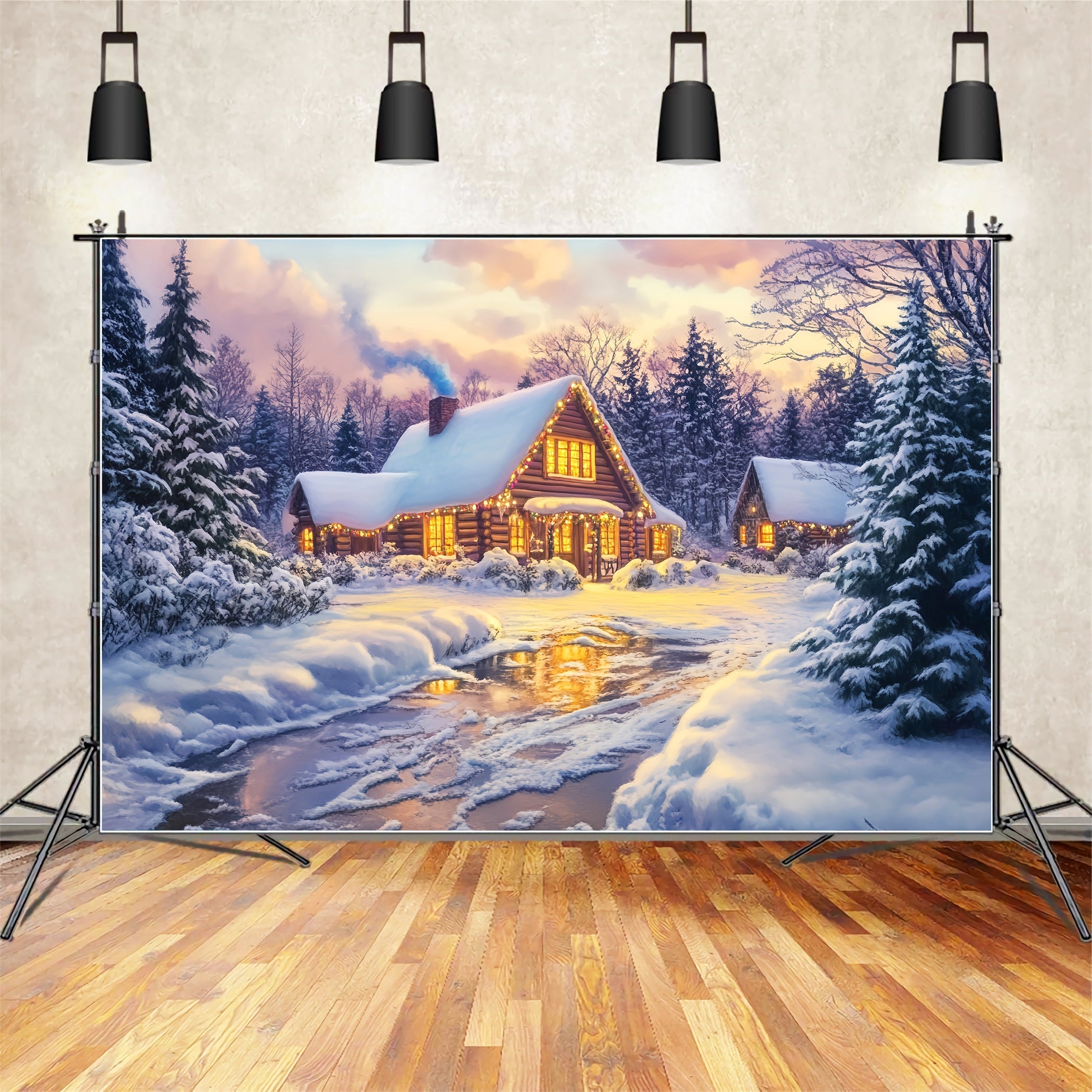 Village Backdrop Golden Glow Log Cabin Winter Photography Studio Hintergrund LXX58-246
