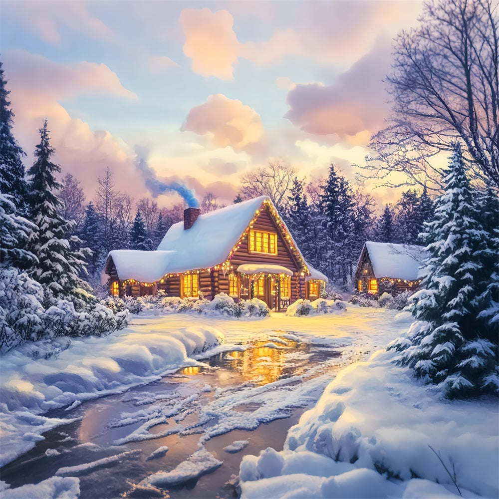 Village Backdrop Golden Glow Log Cabin Winter Photography Studio Hintergrund LXX58-246