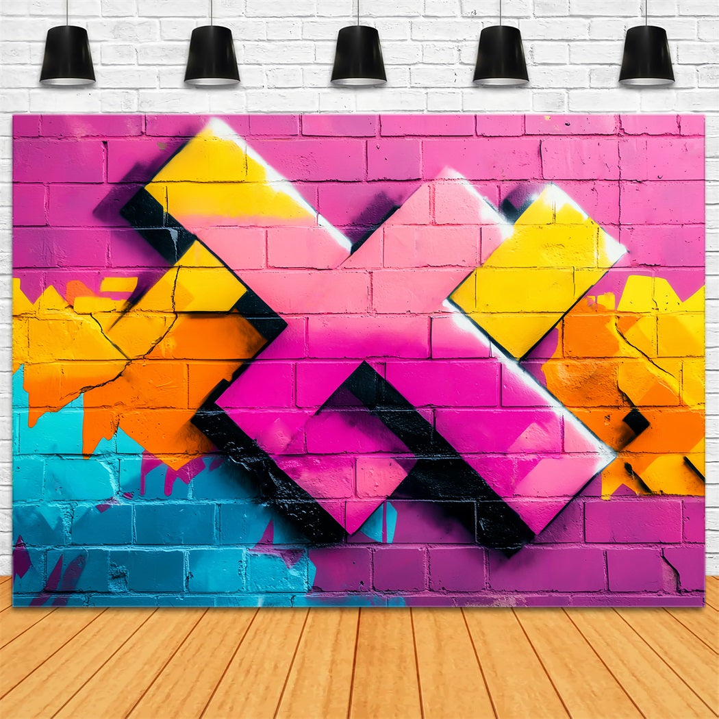 Graffiti Bunte rosa Ziegelwand Geometrische Neon-Sprühformen Graffiti Foto Hintergrund LXX58-249