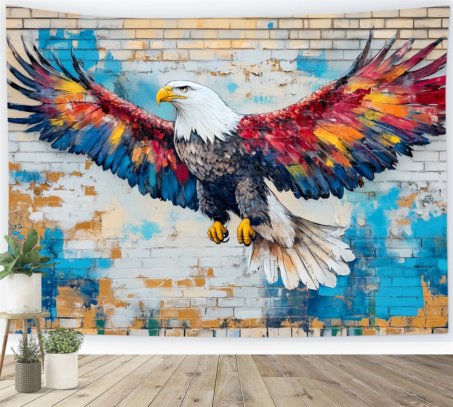 Graffiti-Wand mit fliegendem Adler und gemalten Federn Graffiti-Fotohintergrund LXX58-258