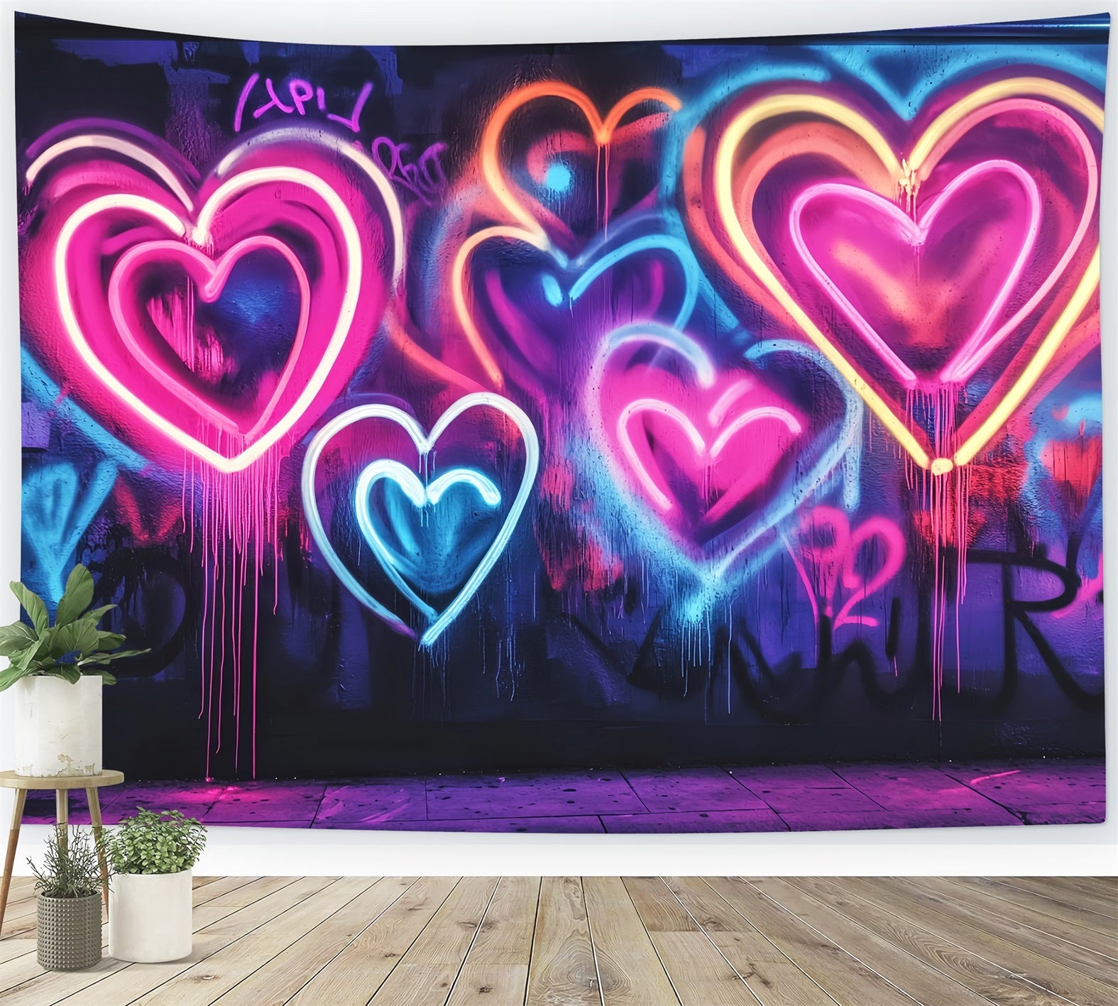 Graffiti-Wand Neon Leuchtende Herzformen Graffiti Foto Studio Hintergründe LXX58-262
