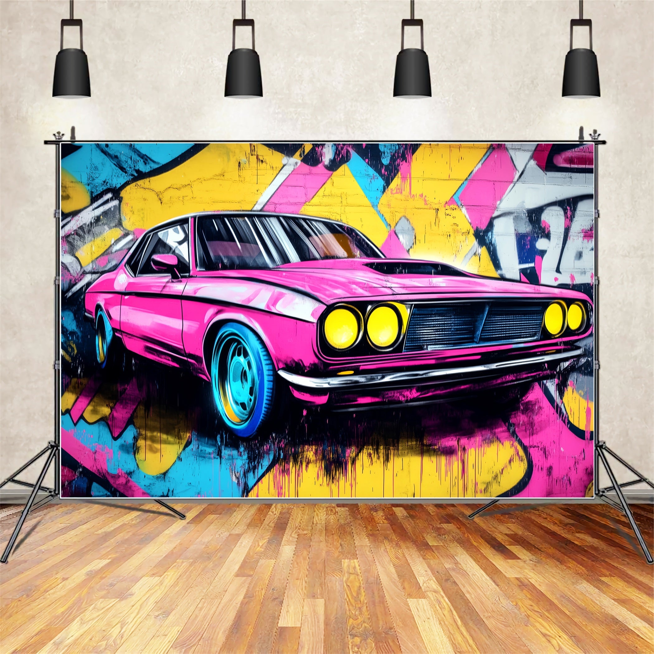 Graffiti-Wand Graffiti Neonpink Muscle Car Graffiti Foto Hintergrund LXX58-265