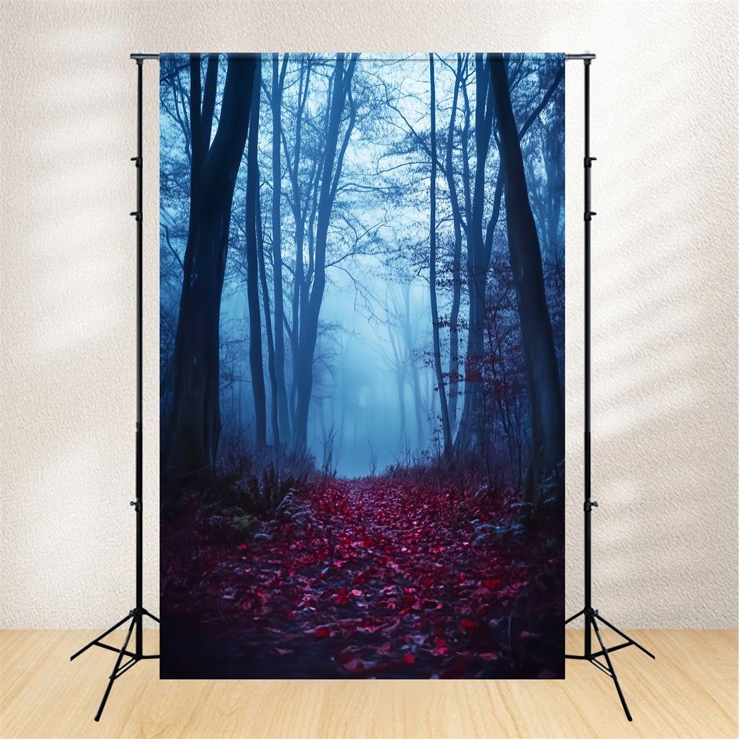 Gruseliger Wald mit purpurrotem Pfad, nebliger Wald, Wald-Foto Hintergrund LXX58-271